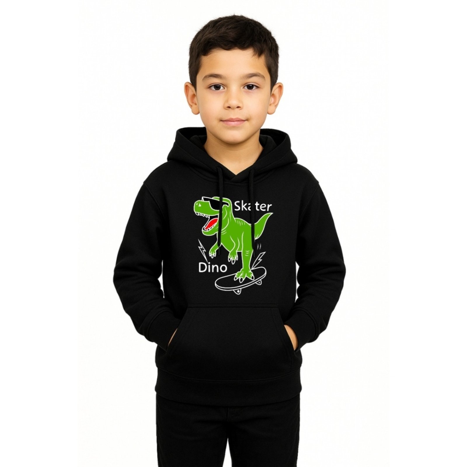 Vista 2 Infantil - Blusa de Moletom Dino Skater Relaxado Canguru Com Capuz Macio Quente preto Relaxado preto