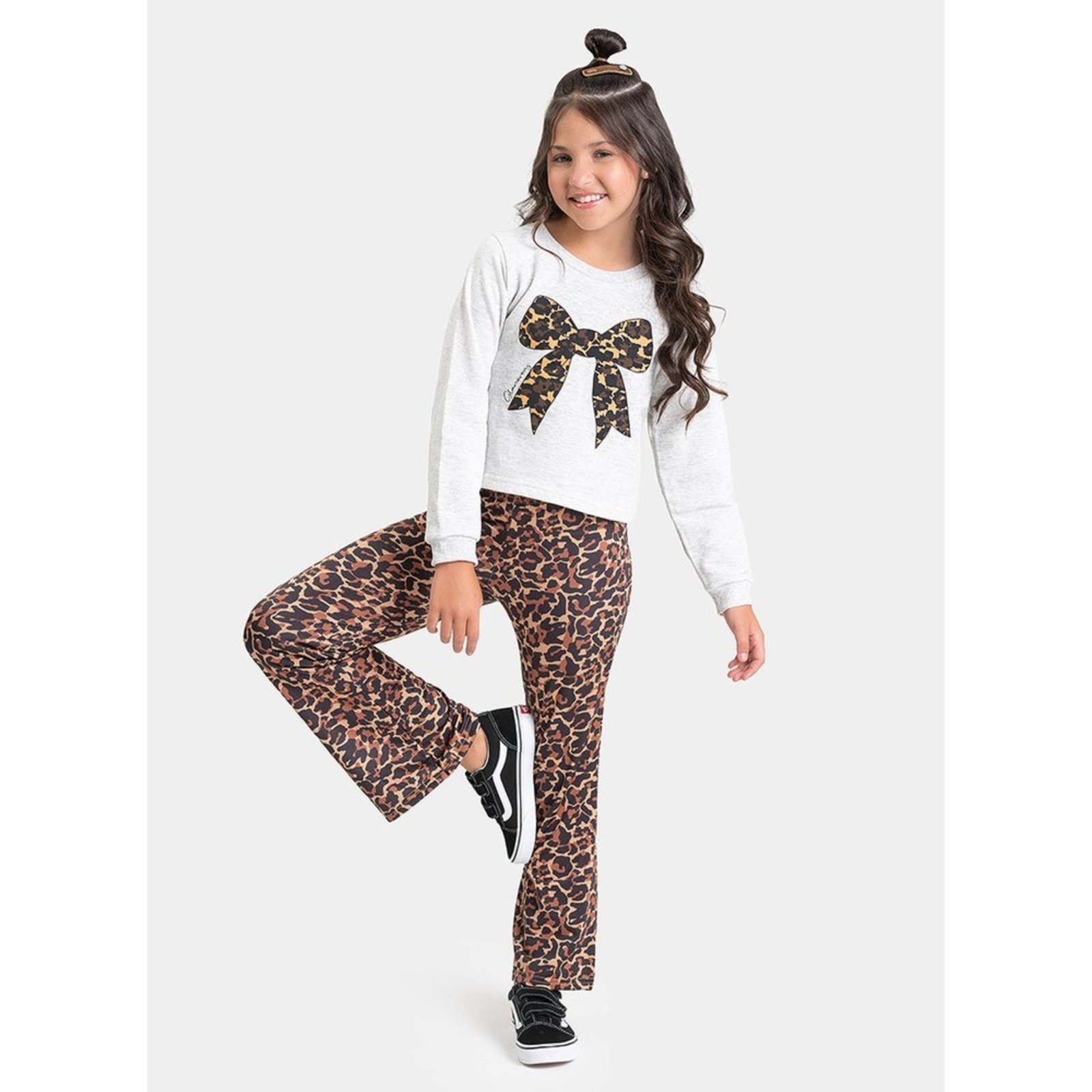 Infantil - Conjunto Inverno Menina Mescla Cropped Laço e Calça Bailarina Oncinha