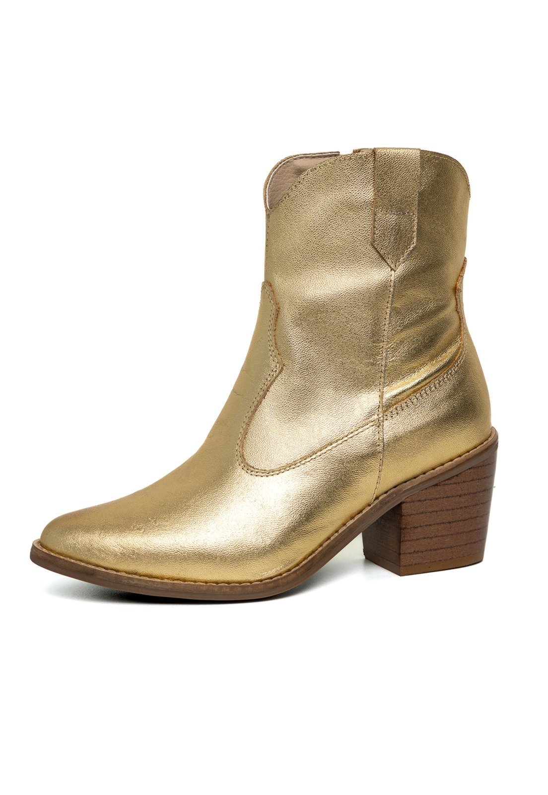 Bota Western Texana Bico Fino Cano Curto Country Couro Metalizado Ouro Tellini Store