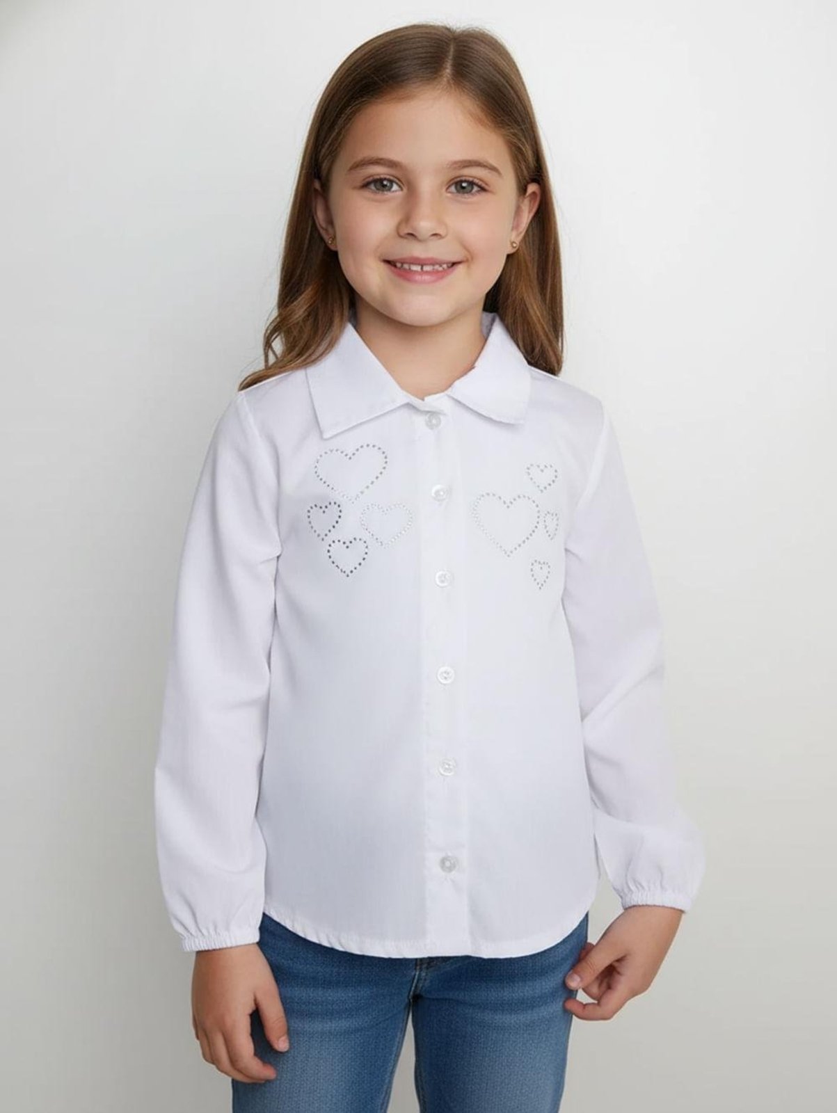 Infantil - Camisa Tricoline Manga Longa Para Menina- BRANCO