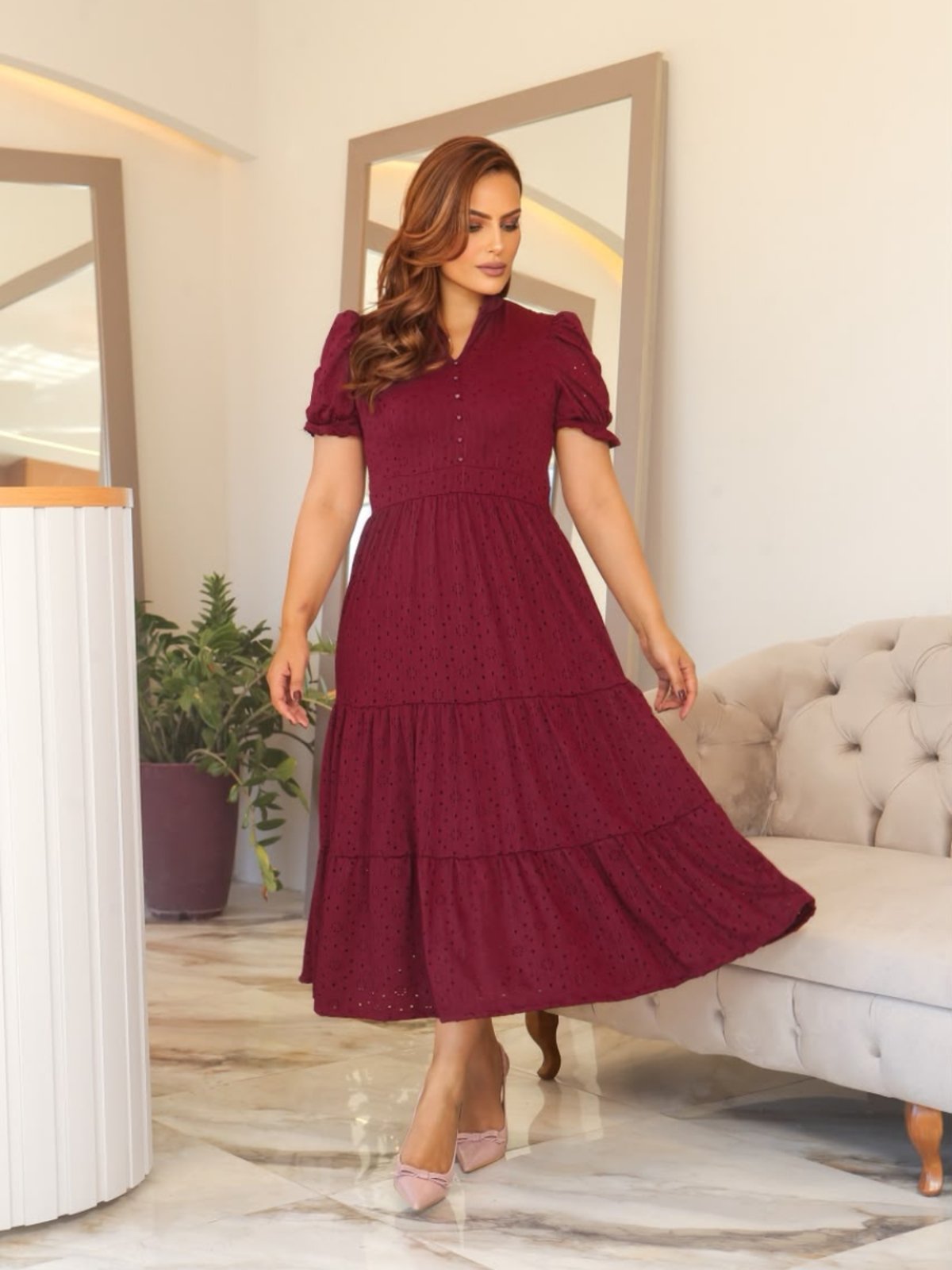 Vestido Longo Social Soltinho de Festa Malha Lese com Botão Marsala