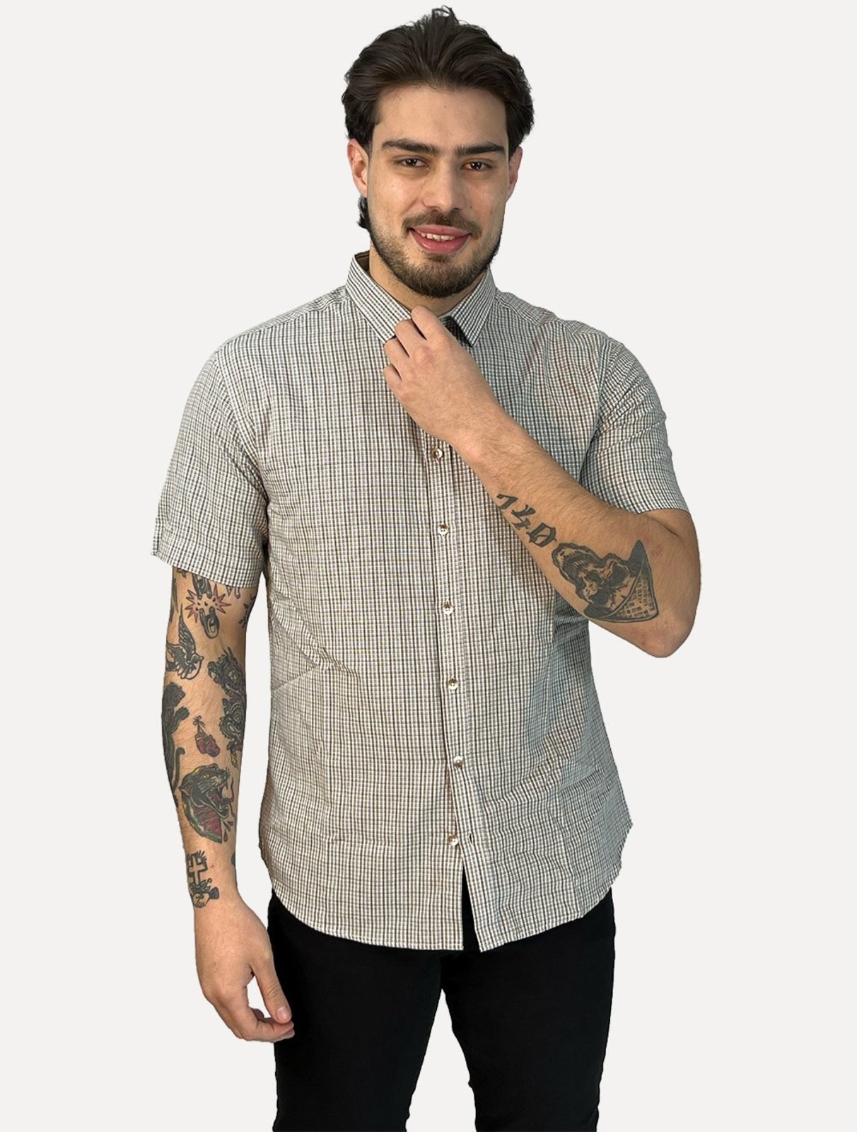 Camisa Dudalina Masculina Manga Curta Slim Tricoline Xadrez Cáqui Escuro
