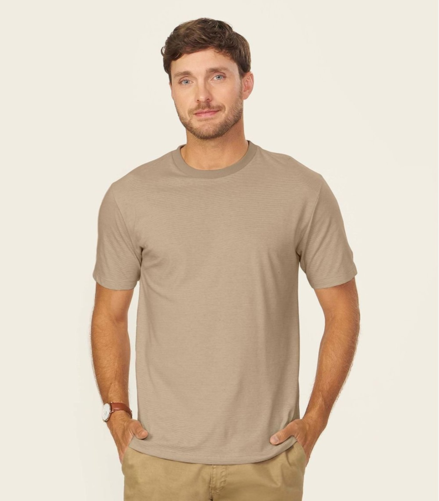Camiseta Masculina Meia Malha Listrada Linho Marrom