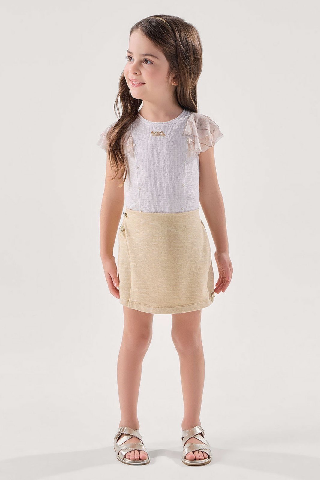 Infantil - Conjunto Blusa em Malha Texturizada com Short-Saia Amarelo em Moletinho