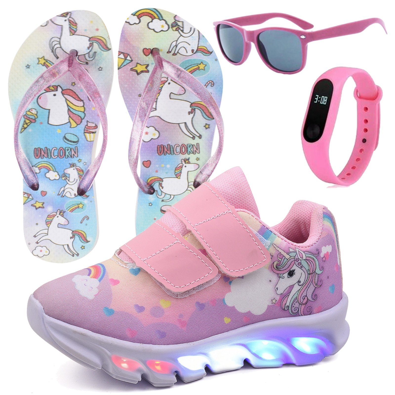 Infantil – Tênis Feminino de Led Unicornio Menina Rosa Tira Colante com Chinelo Óculos e Relógio