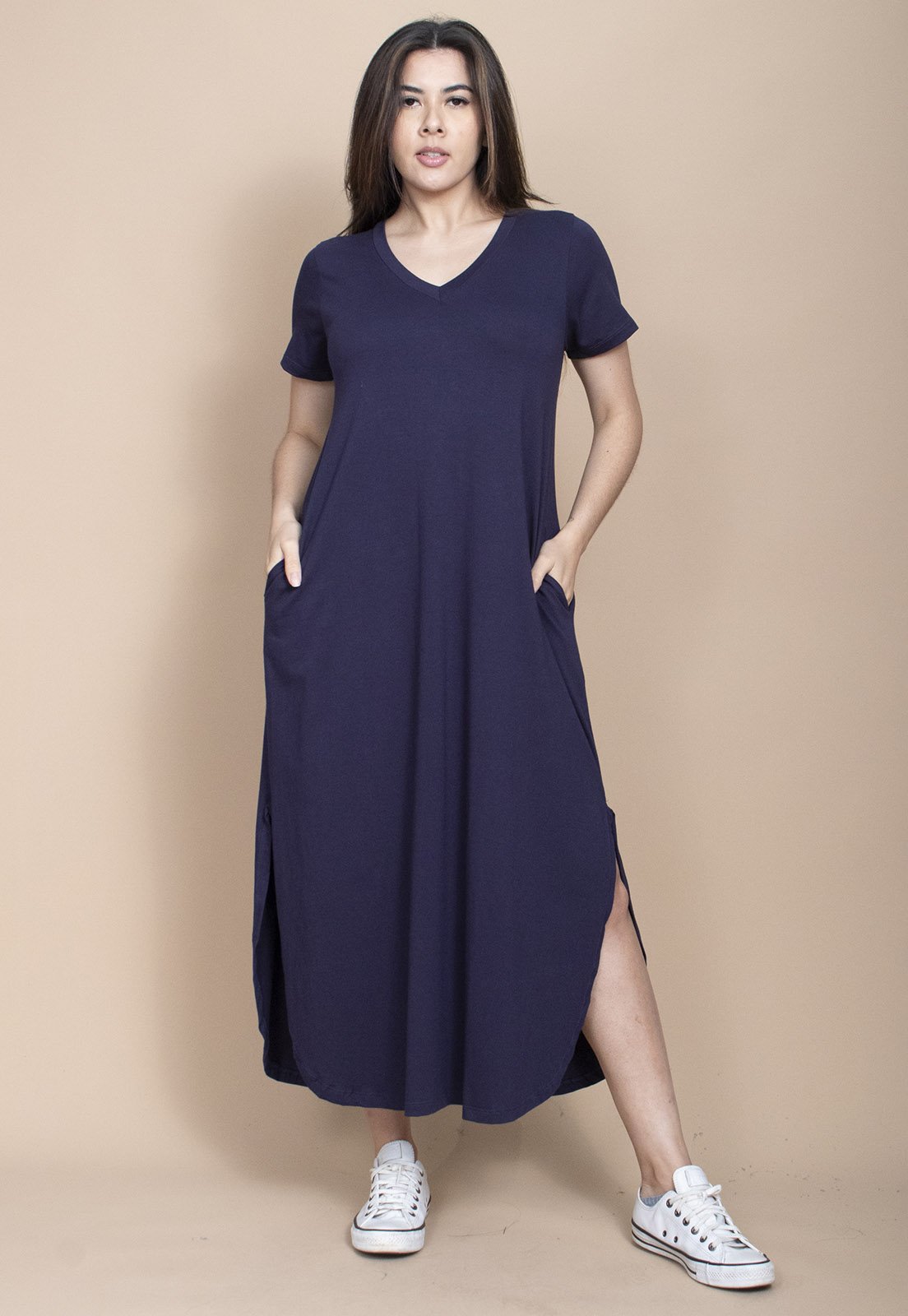 Vestido Cabanafree Midi Abapã Malha com Bolso Azul Marinho