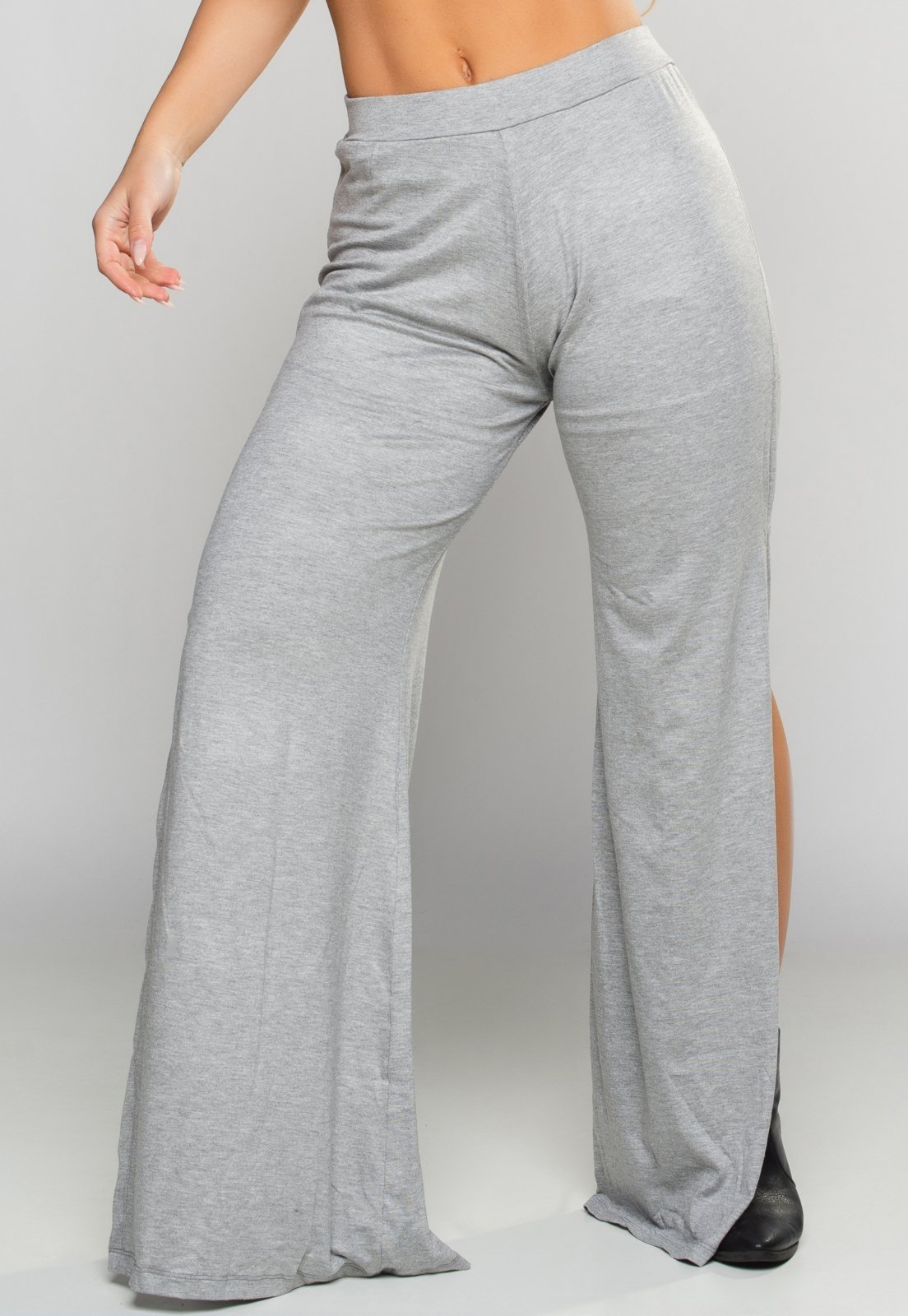 Calça MVB Modas Pantalona Fenda Lateral Cintura Alta Cinza