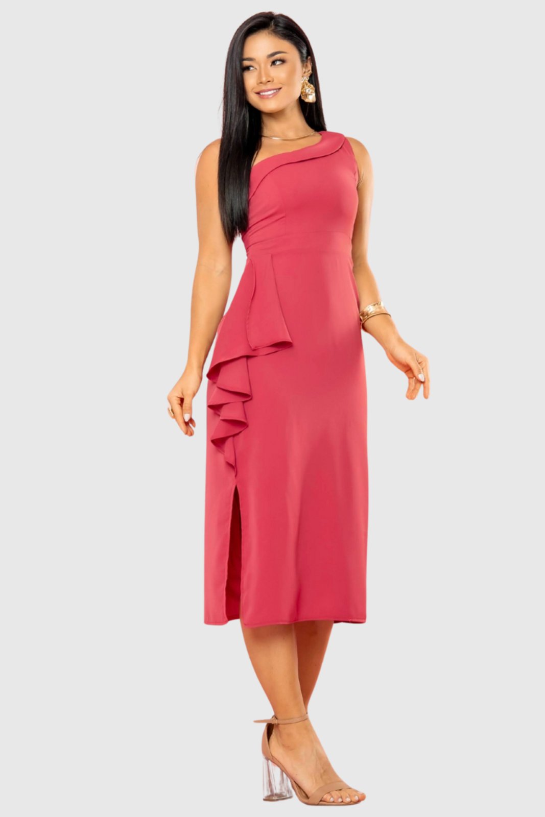 Vestido Feminino Amora Café Babado Lateral Bordô