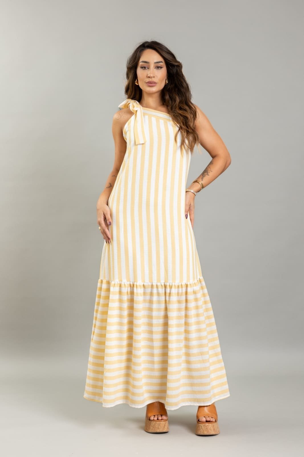 Vestido Lemier Alça Única Feminino Longo Listrado Amarelo