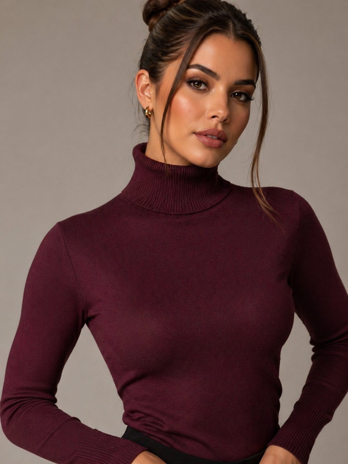 Blusa Feminina Tricot Manga Longa Gola Alta Tecido Premium Casual e Confortável Vinho