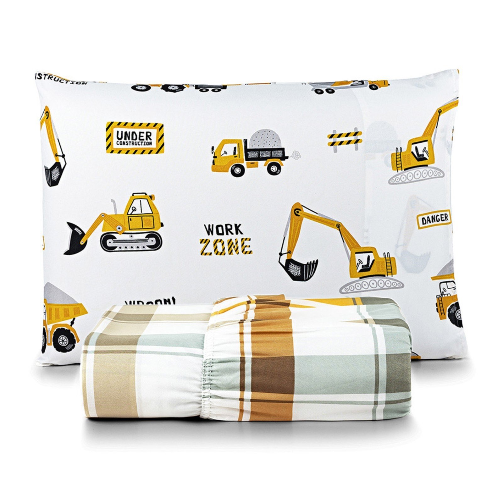 Jogo de Cama Lençol Casa Scarpa Lutti Solteiro 200 Fios Estampado 2 Peças Trator Caminhão Branco