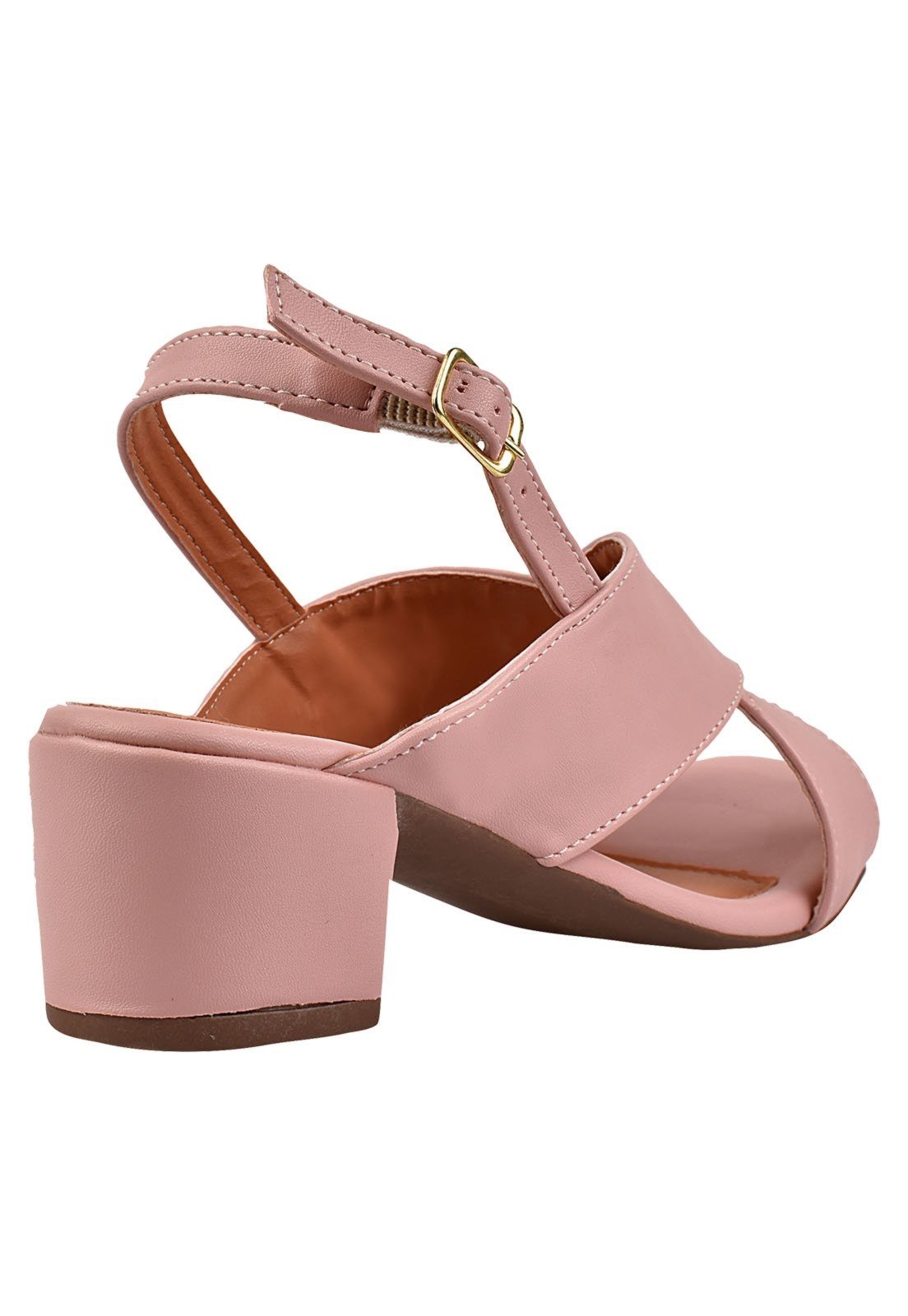 Sandália Salto Grosso Rosa Chic Calçados Feminino Salto Baixo Bloco Bico Redondo Nude