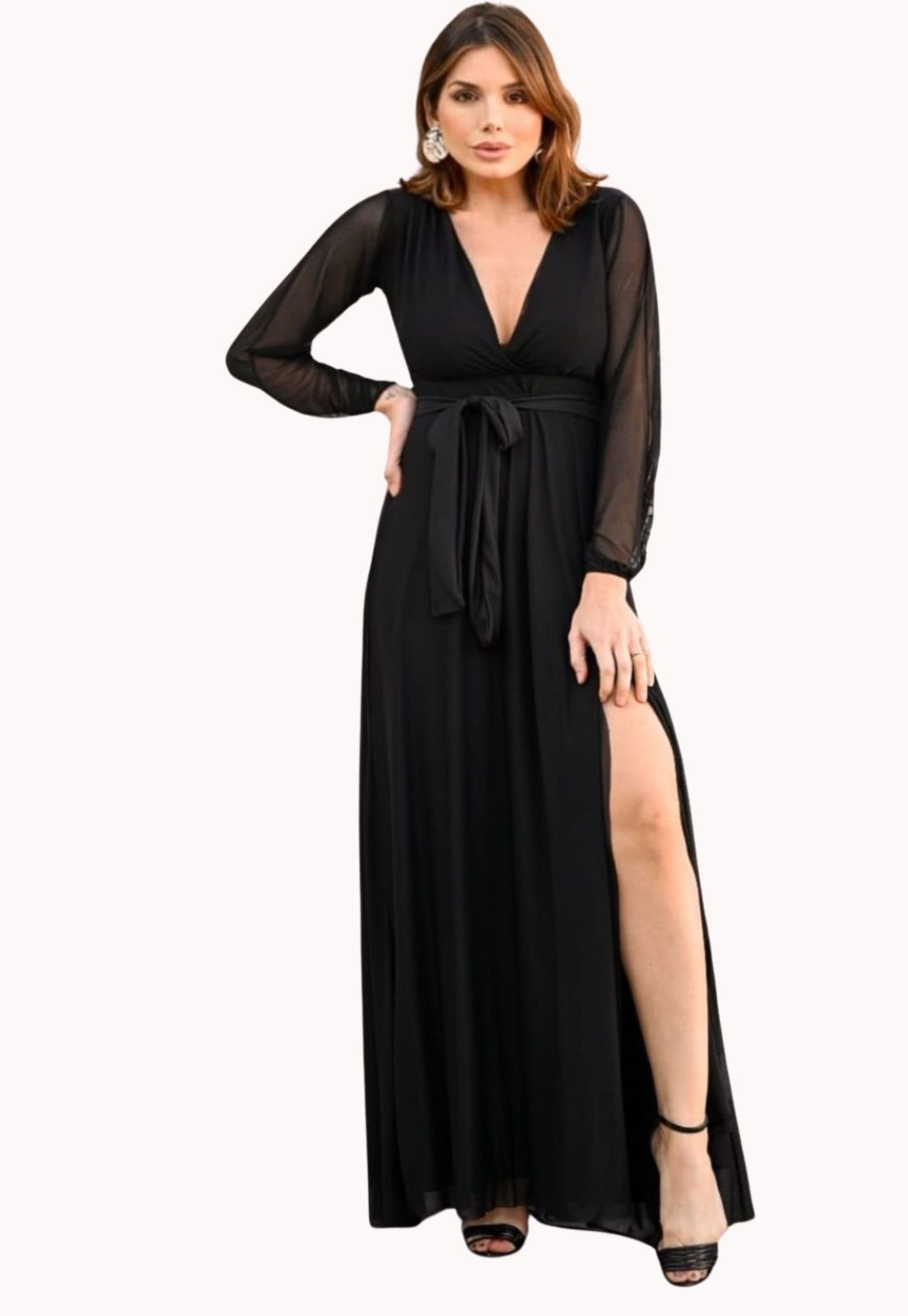 Vestido Festa Madrinha Em Tule Com Manga Juquitiba Brasil Preto