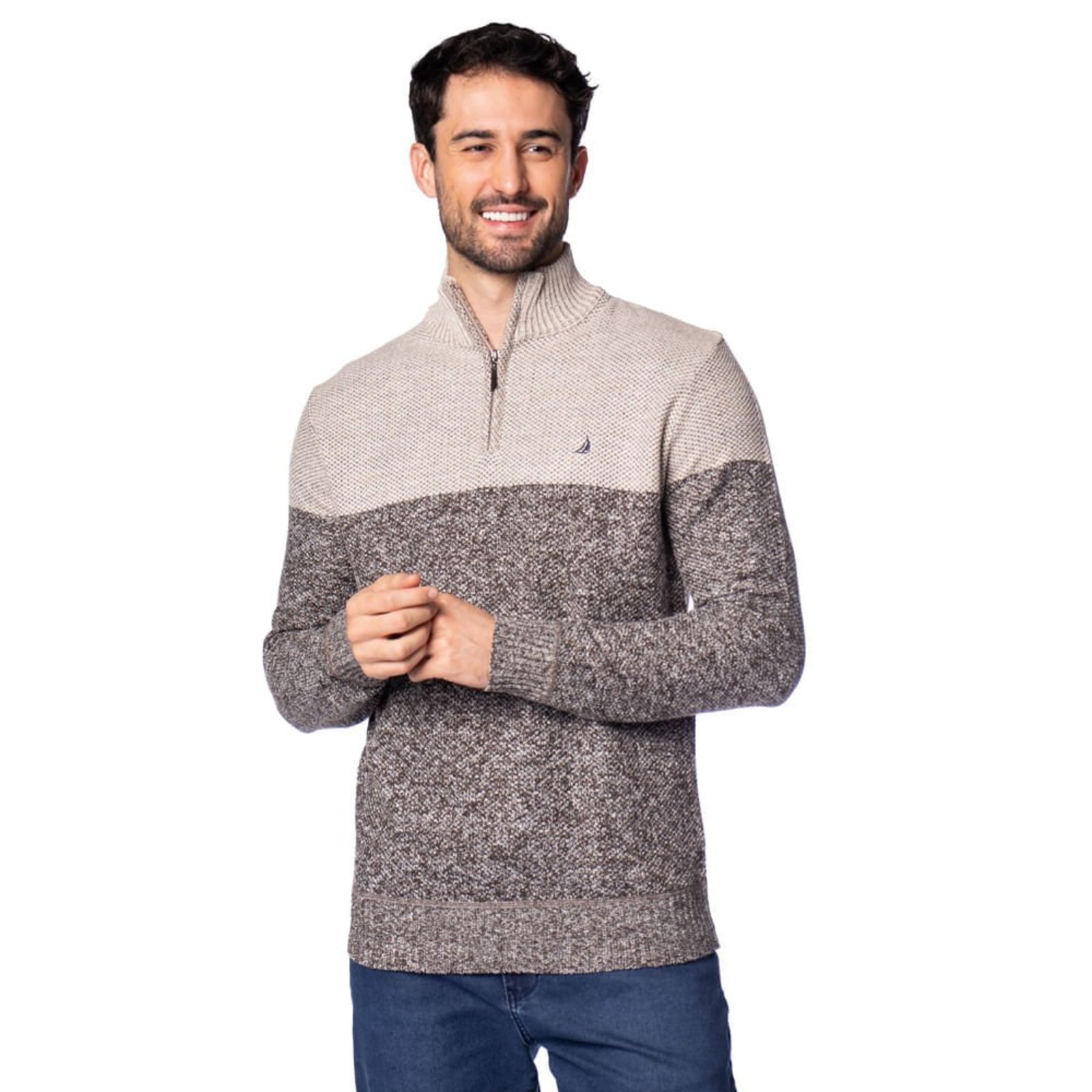Suéter Masculino John Sailor Gola Alta Bege/Marrom Mescla