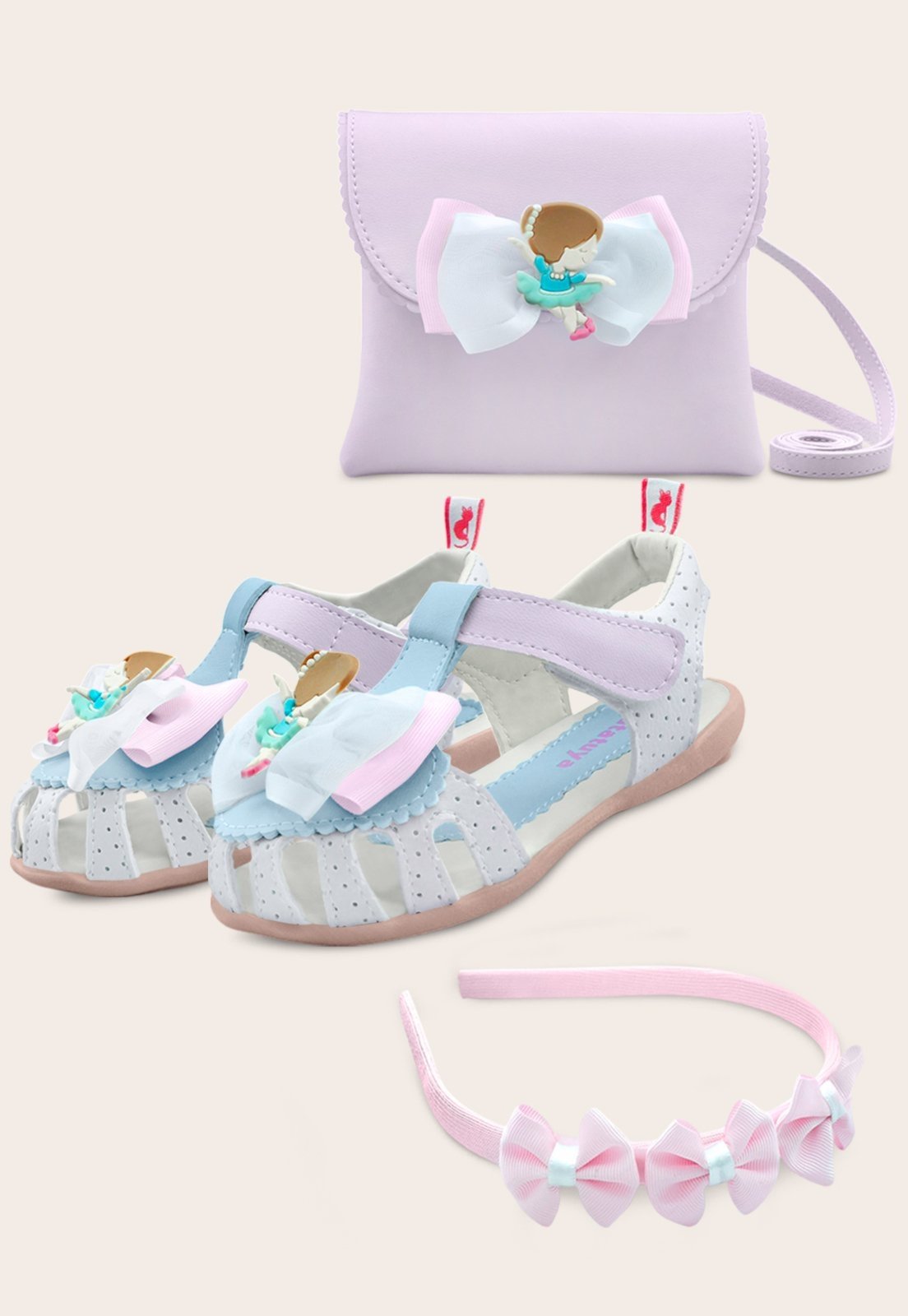 Infantil – Kit Sandália Menina Feminina Bailarina Com Bolsa E Tiara Branco/Lilás Mzkid