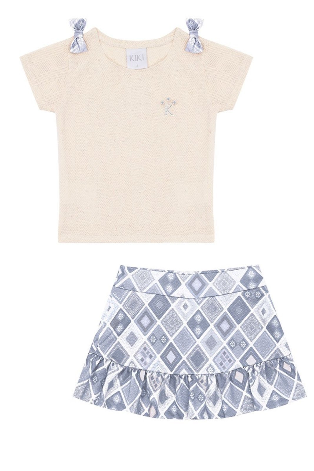 Infantil - Conjunto Blusa Areia em Tricot e Short-Saia Azul Estampado