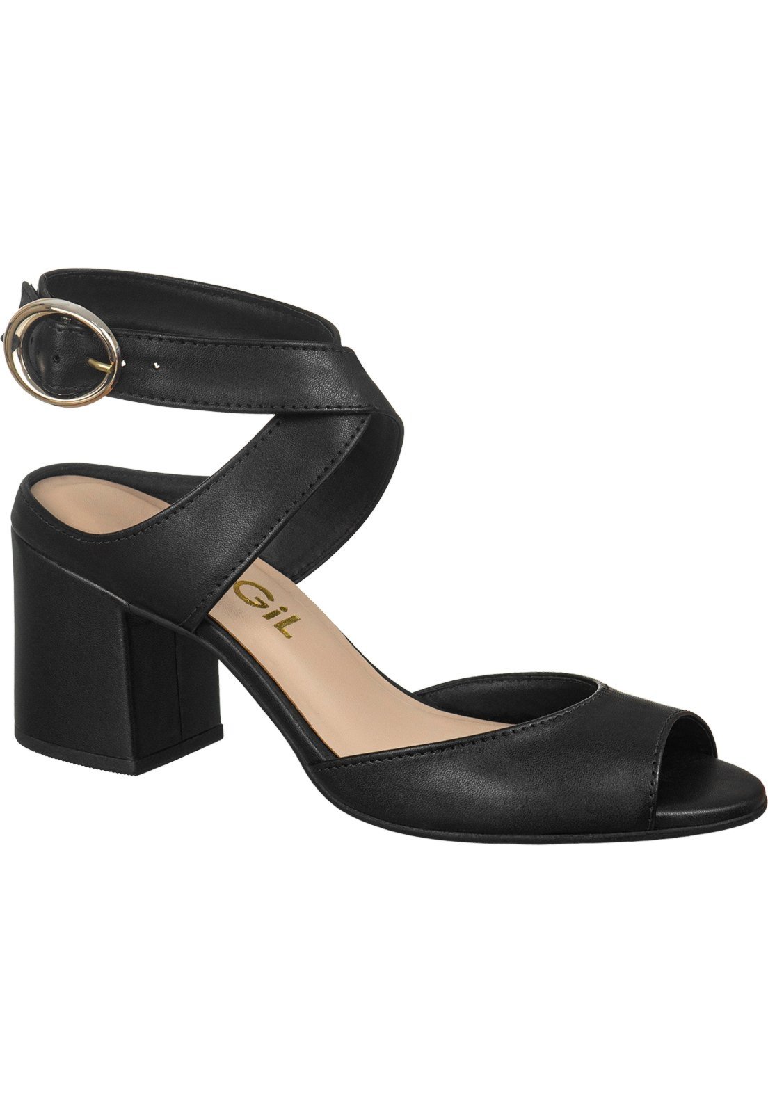Vista 3 Sandália Feminina GiGiL Salto Bloco Médio Tira Cruzada Fivela Lateral Bico Arredondado Elegante Casual preto Gigil preto