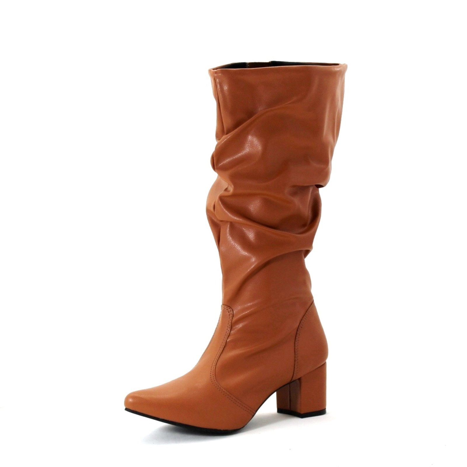 Botas Femininas Slouthy Lirom Cano Alto Salto Bico Fino Caramelo