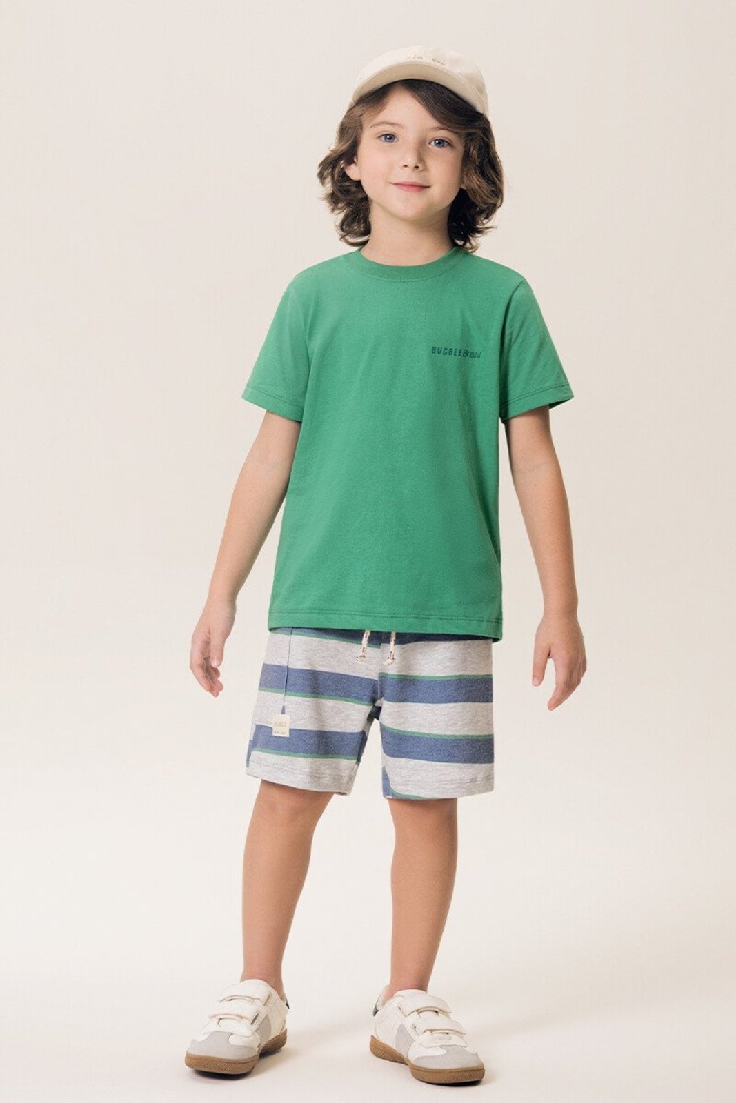 Infantil - Conjunto Menino Bugbee Camiseta Regular de Malha e Bermuda em Molecotton Listrado