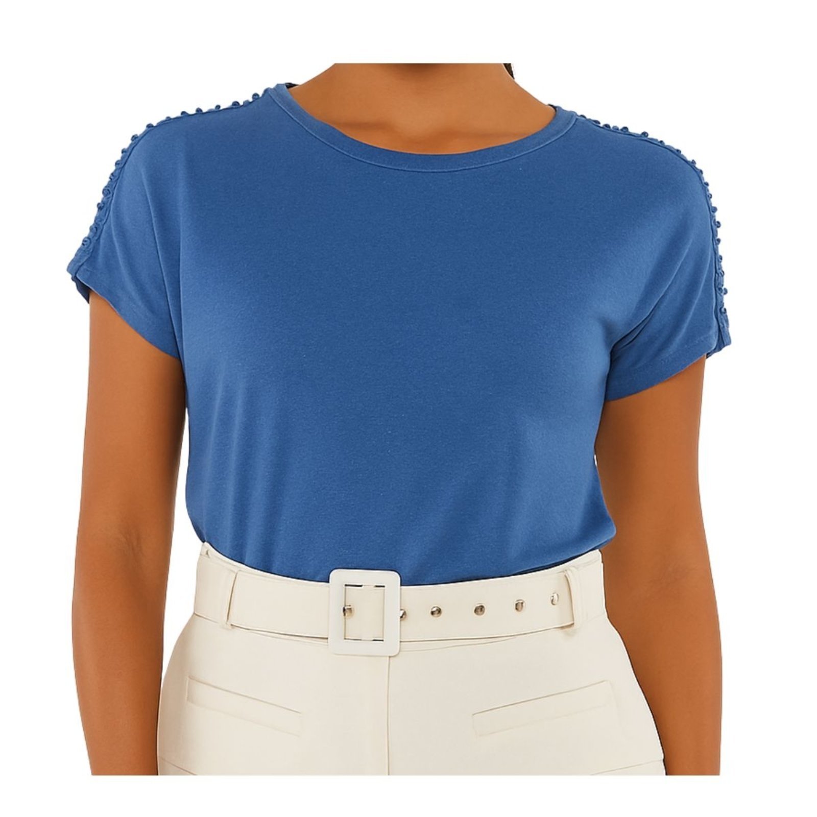 Camiseta Feminina FMF Azul com Renda e Pérolas nas Mangas