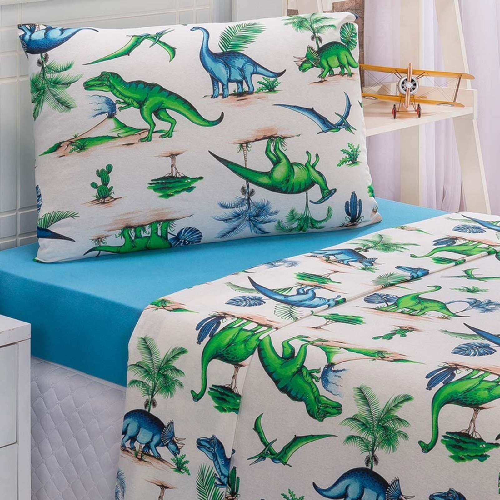 Jogo Cama Lençol Casa Scarpa Diver Solteiro Malha Soft Algodão 3 Peças - Dinossauro Verde Azul