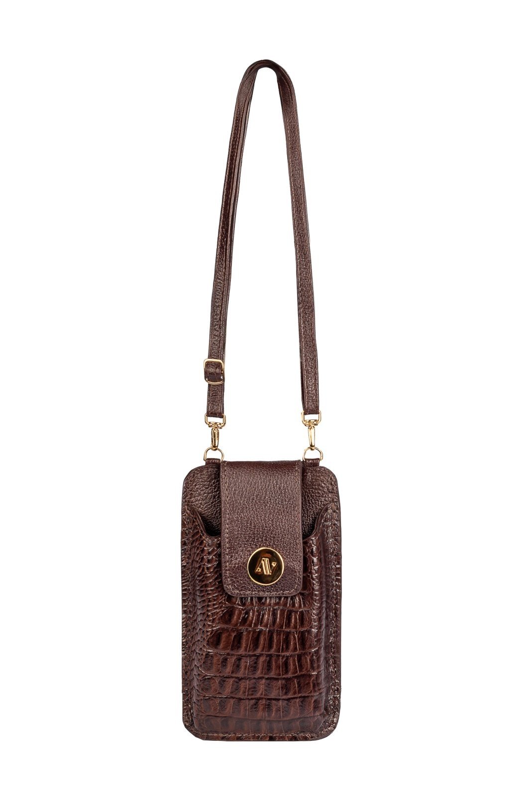 Bolsa porta celular feminina em couro croco Luna - Café