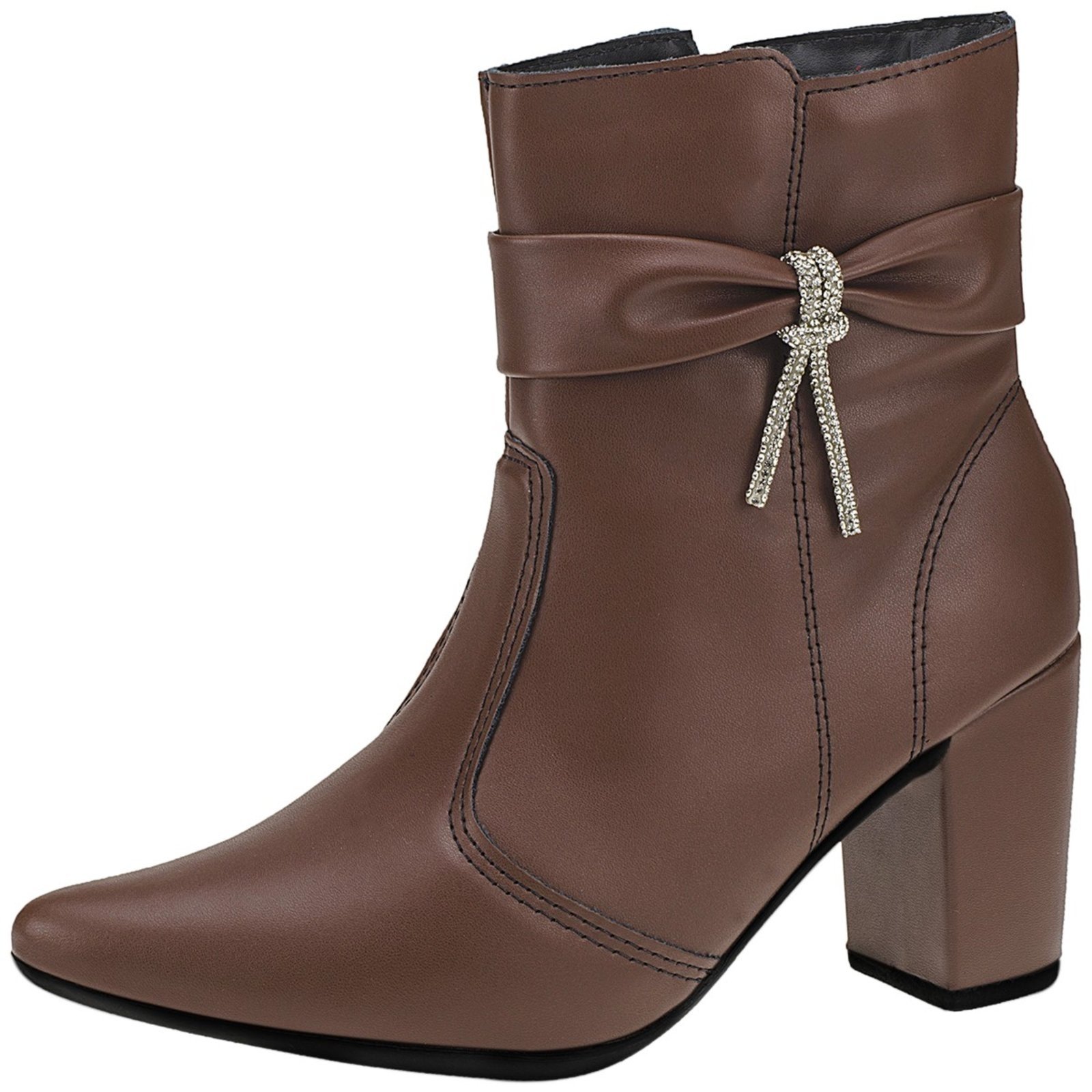 Bota Feminina Lóris Shoes Bico Fino com Zíper Lateral Cano Curto Salto com Acessório Lacinho 204 Café