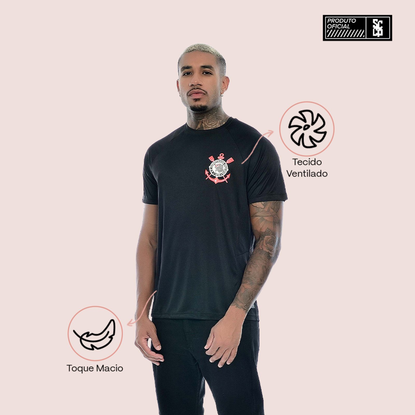 Camiseta Masculina Preta Básica Brasão Oficial Corinthians Preto