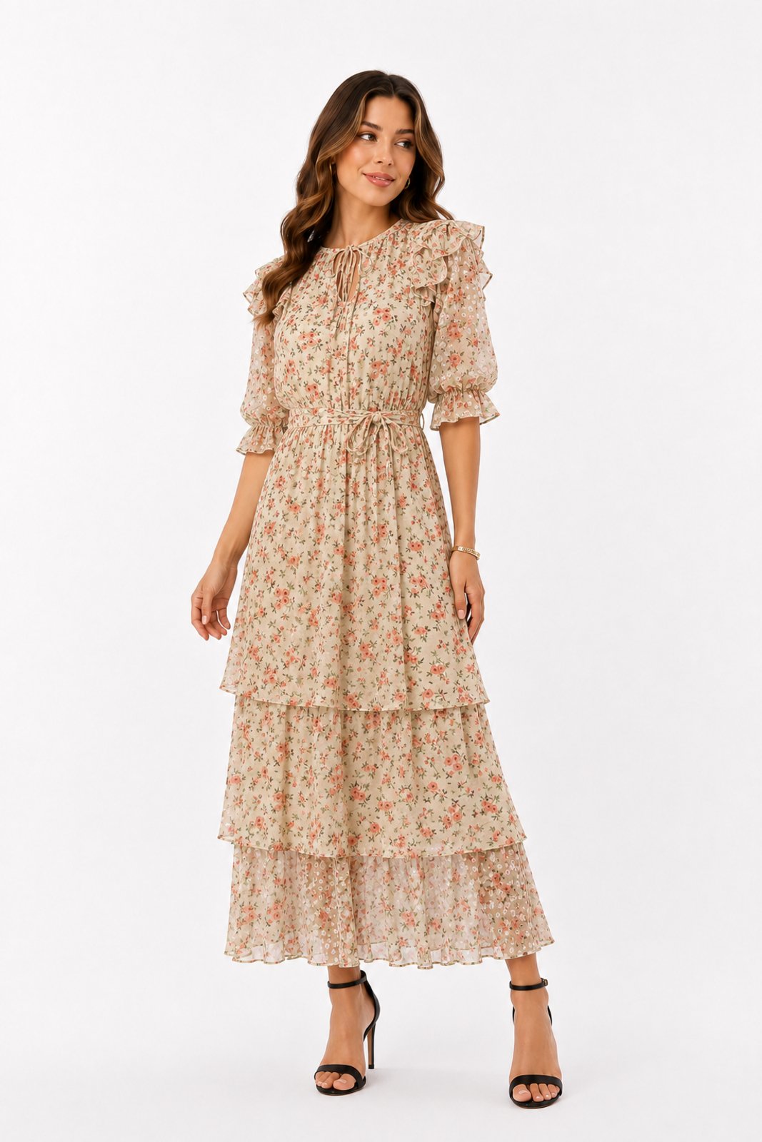 Vestido Midi D Bell Outlet Fashion Chiffon Estampado Babados Bege