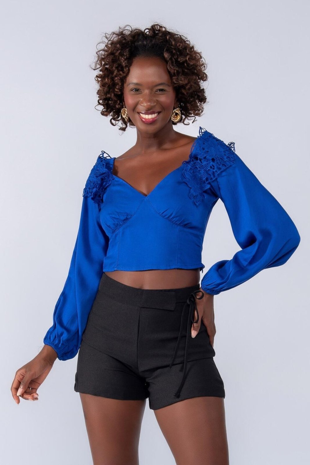 Cropped viscose detalhe guippir Azul