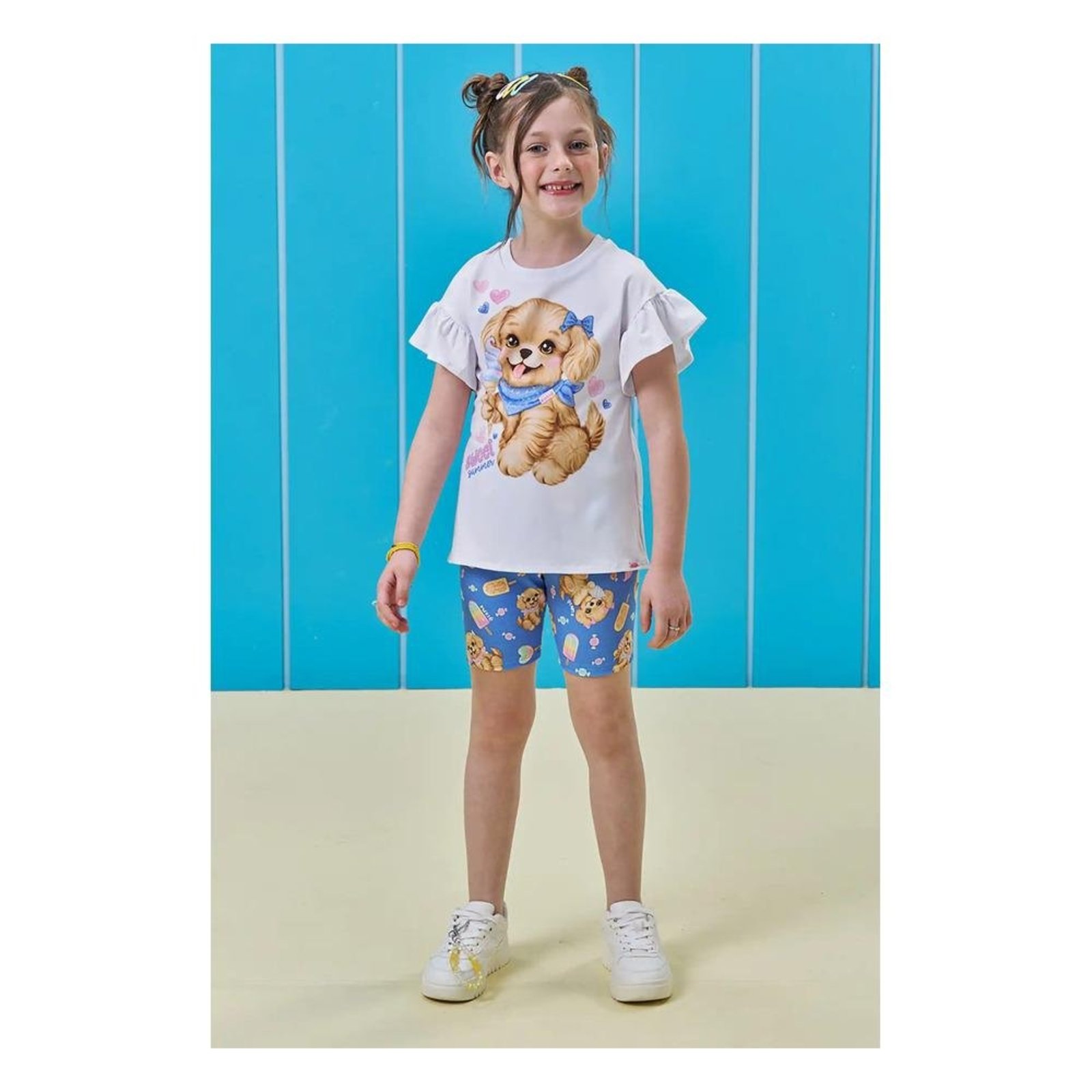 Infantil - Conjunto Kukiê Camiseta Cachorrinho Shorts Ciclista Estampado Azul 1 Unico