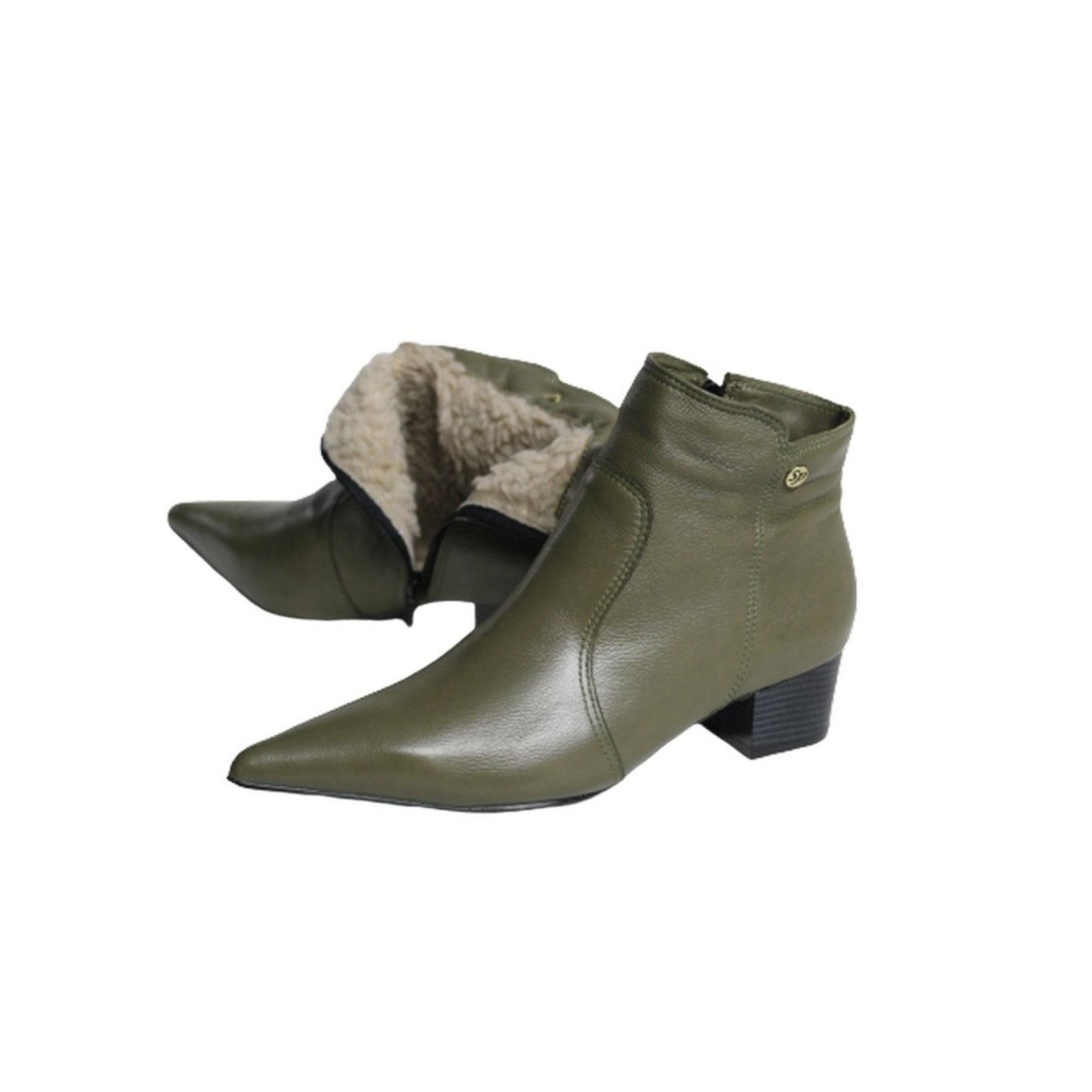 Vista 2 Bota Feminina em Lã Sintética Bico Fino Cano Curto Couro Salto 4 CM Verde Spinelli verde militar Spinelli verde militar