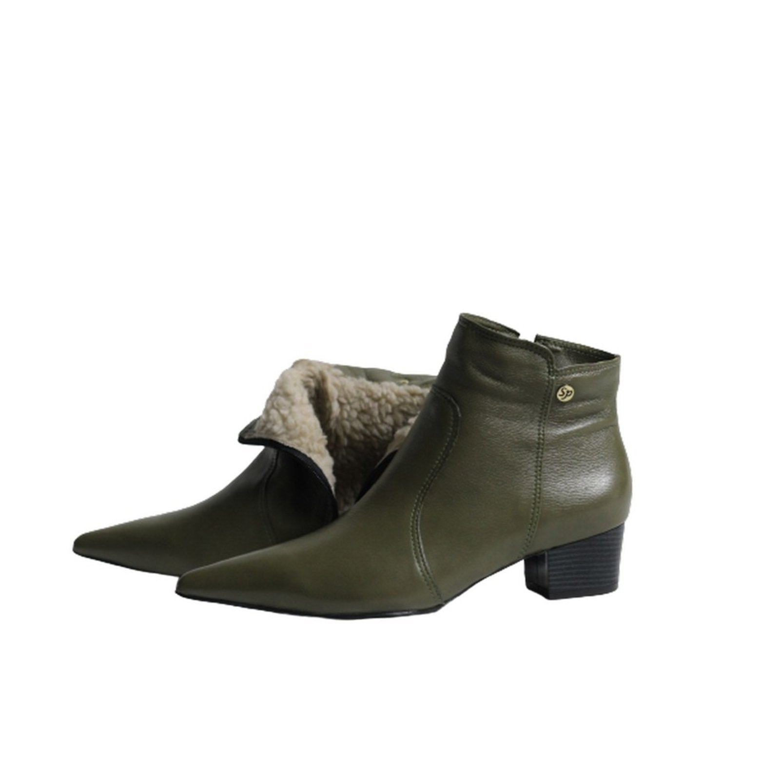Vista 3 Bota Feminina em Lã Sintética Bico Fino Cano Curto Couro Salto 4 CM Verde Spinelli verde militar Spinelli verde militar