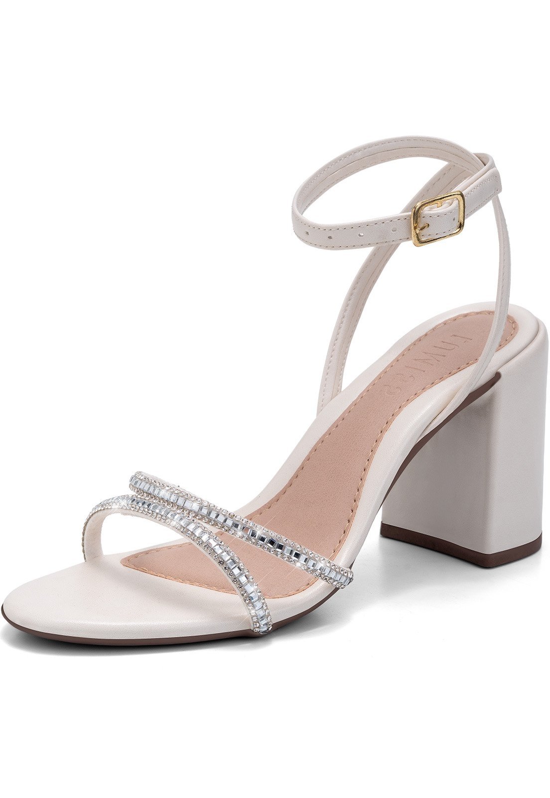 Sandália Feminina Lumiss Salto Bloco Alto Tiras Finas Strass Brilho Bico Redondo Confortável Fivela Off White