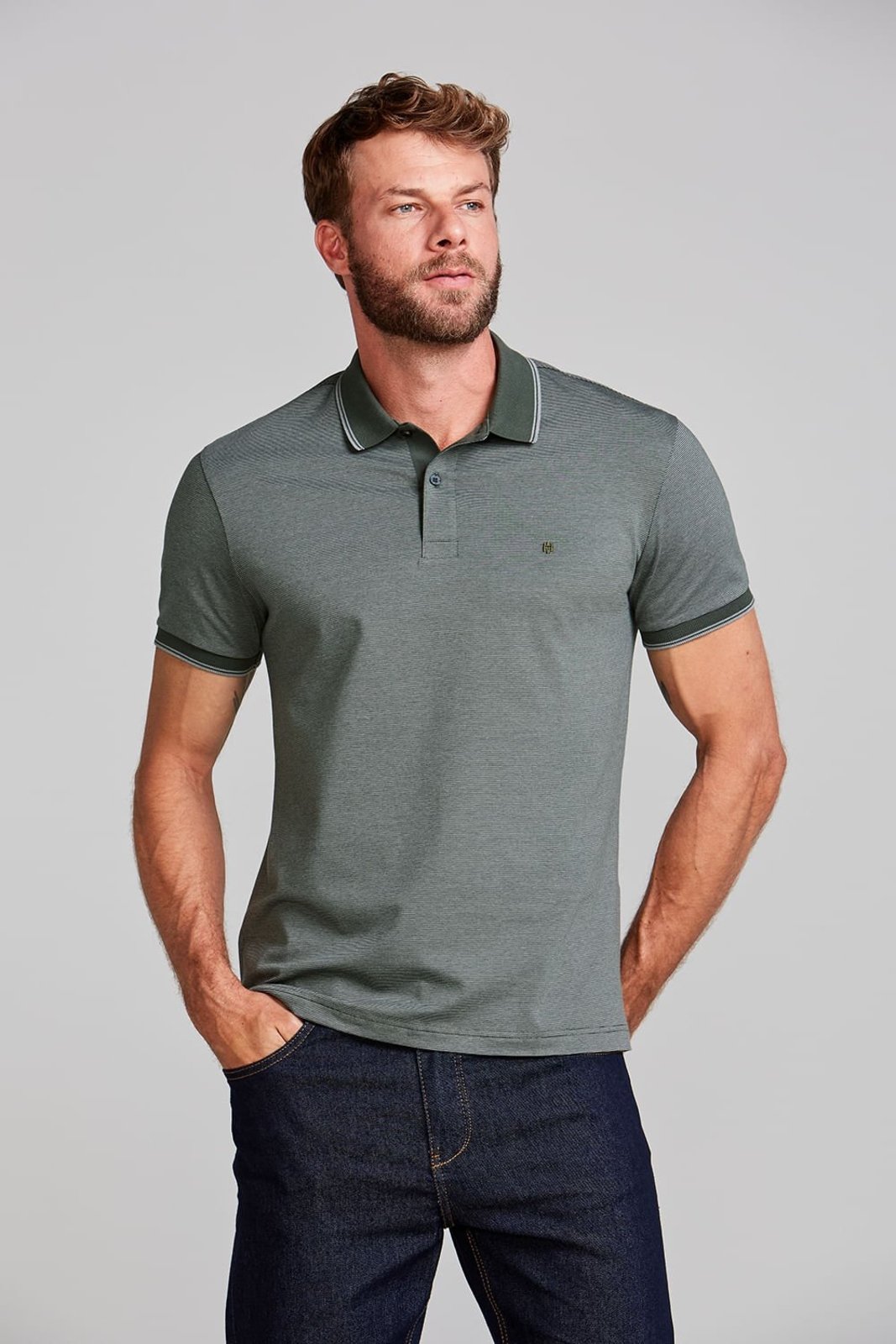 HIGHSTIL Camisa Polo Malha Slim Fit - Verde / Cinza Azulado