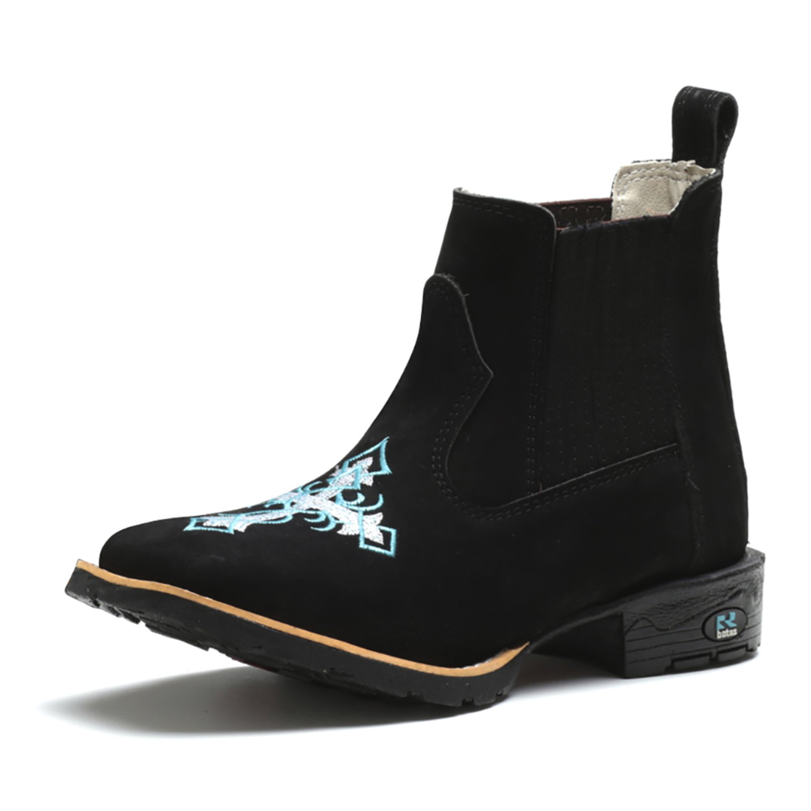 Bota Botina Feminina RR Botas Rodeio Country Couro Bordado Cruz Confortável Preta
