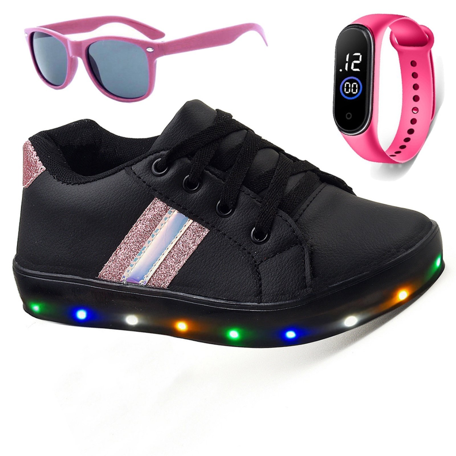 Infantil – Tenis de Led Casual Meninas Sapatenis Preto + Oculos e Relogio
