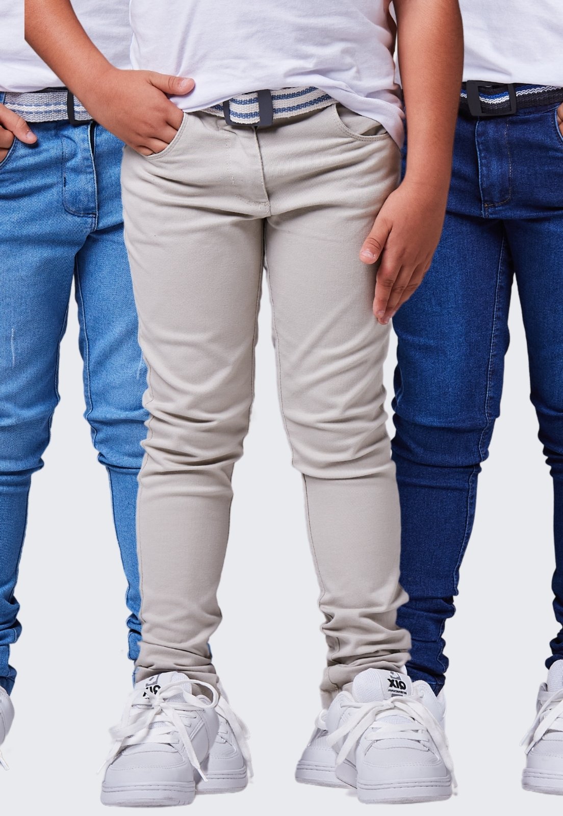 Infantil – Kit 3 Calça Skinny Jeans Daze Modas Bege, Jeans Claro e Jeans Escuro