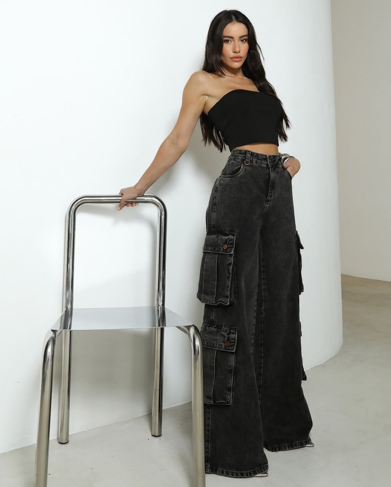 Calça Jeans Wide Leg Feminina Relaxed Cargo 24805 Vintage Consciência