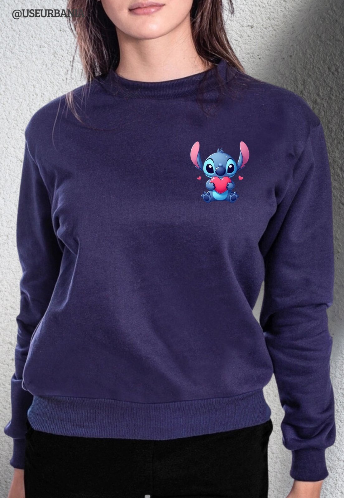 Blusa de Frio Moletom mooboo Flanelado Liso Gola Redonda Moleton urbania Clássico Gola Careca Casaco Blusão Premium Azul Marinho estampa stitch coração