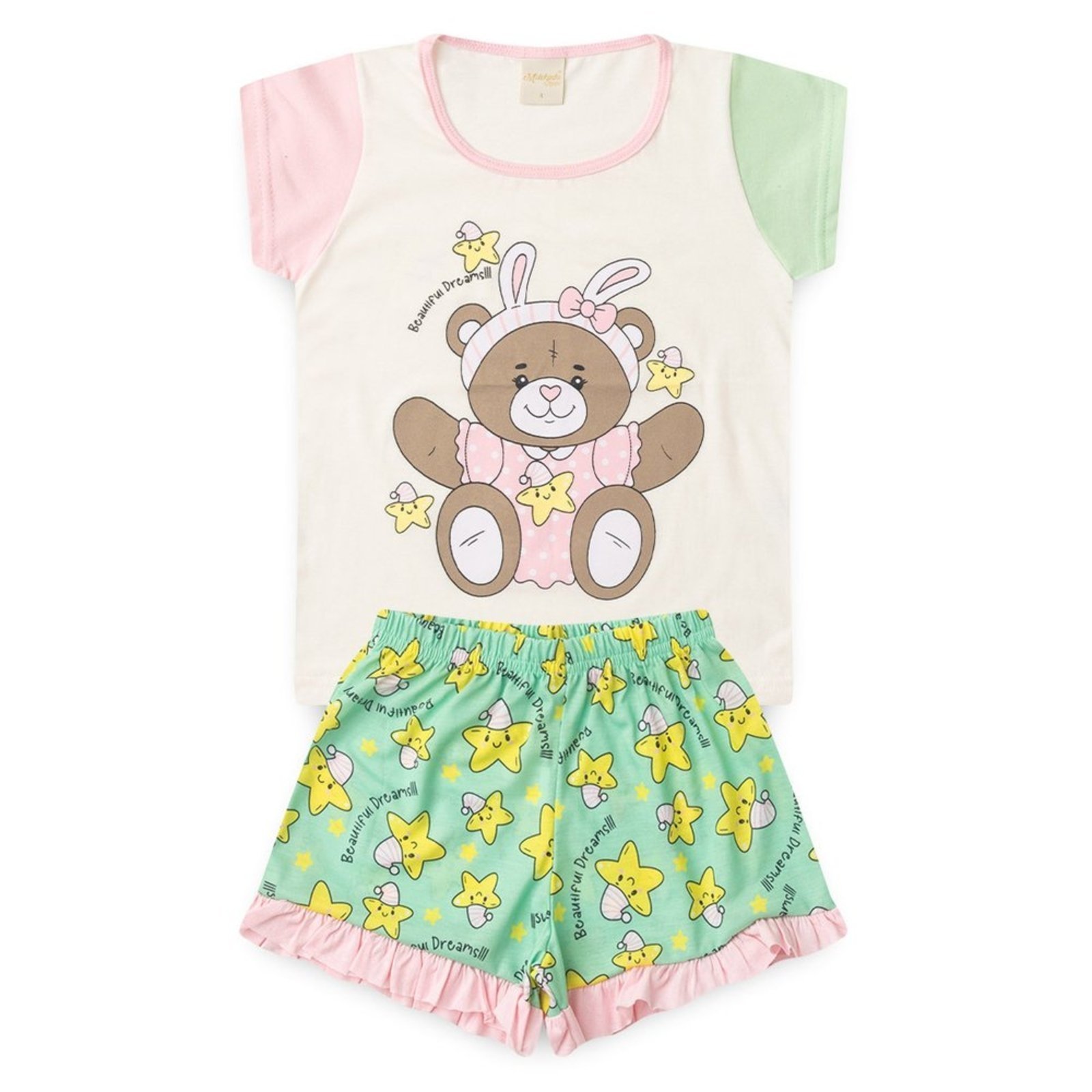 Pijama Verão Menina Natural Blusa e Shorts Ursinha dos Sonhos