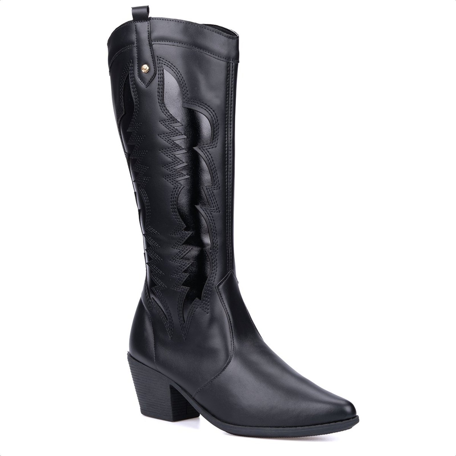 Bota Texana Domidona Feminina Western Cano Longo Bordado Metalizado Bico Fino Preta