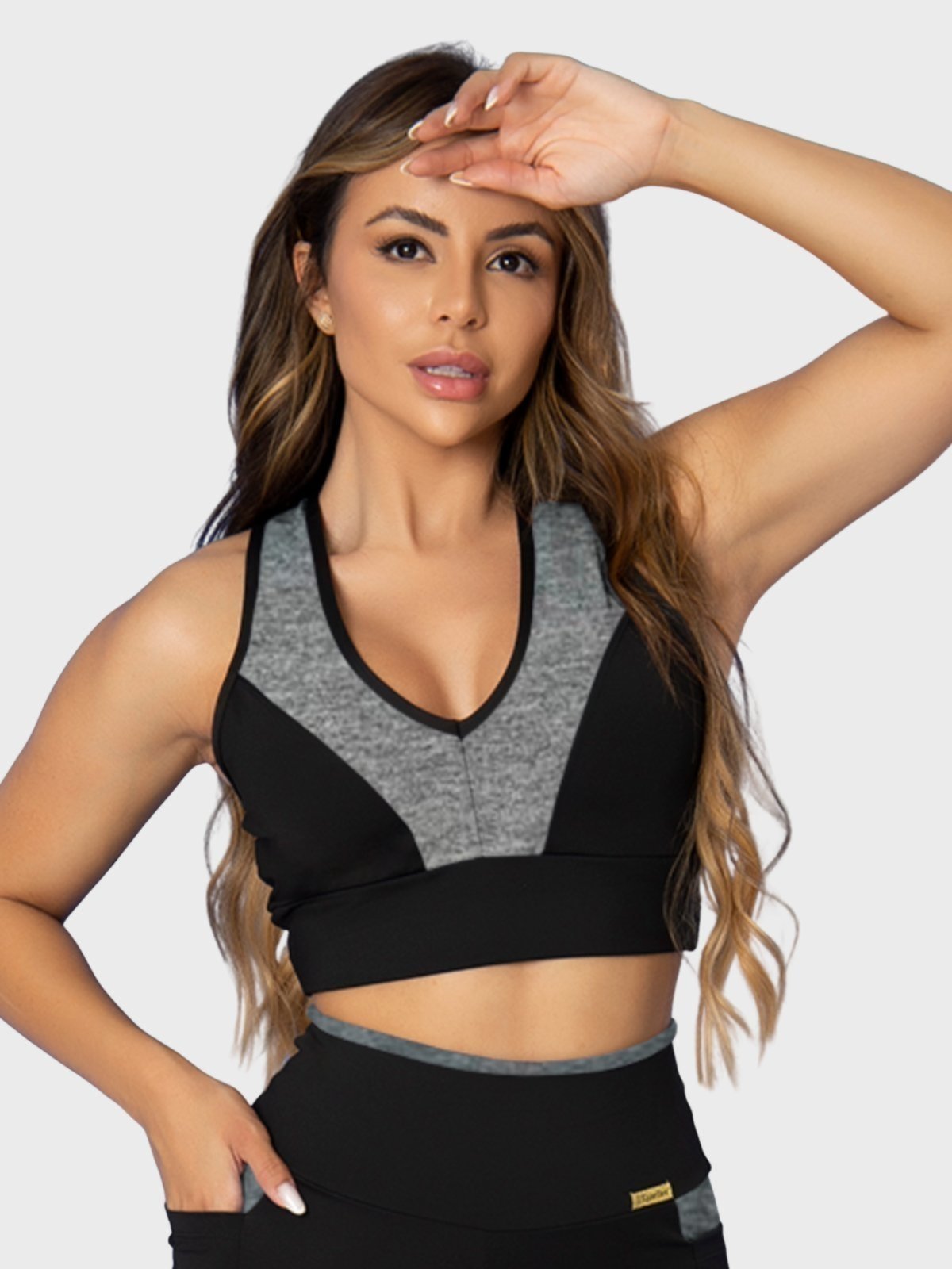 Top Fitness Tarelles Alça Larga Cropped Forrado Preto e Cinza