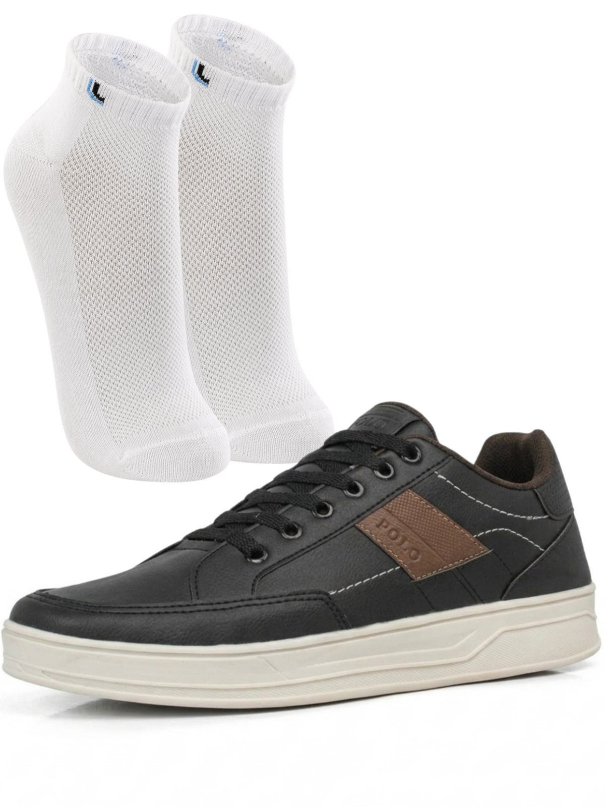 Tênis Masculino Preto Polo Cadarço Sapatênis Liso Com Meia Lupo Algodão Confortável