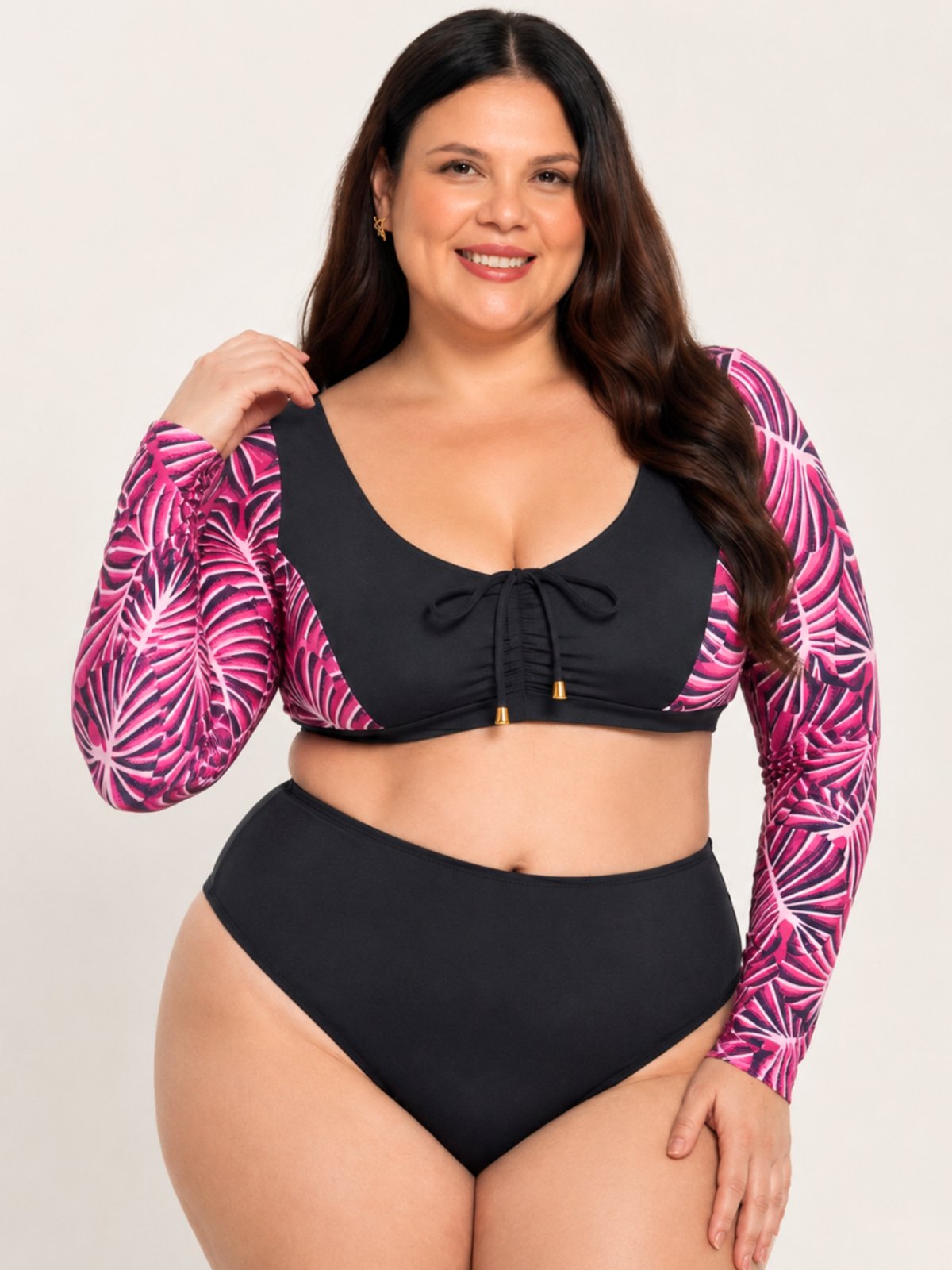 Cropped Plus Size Manga Longa Avulso E Bojo Meia Taça Praia Estampado Rosa