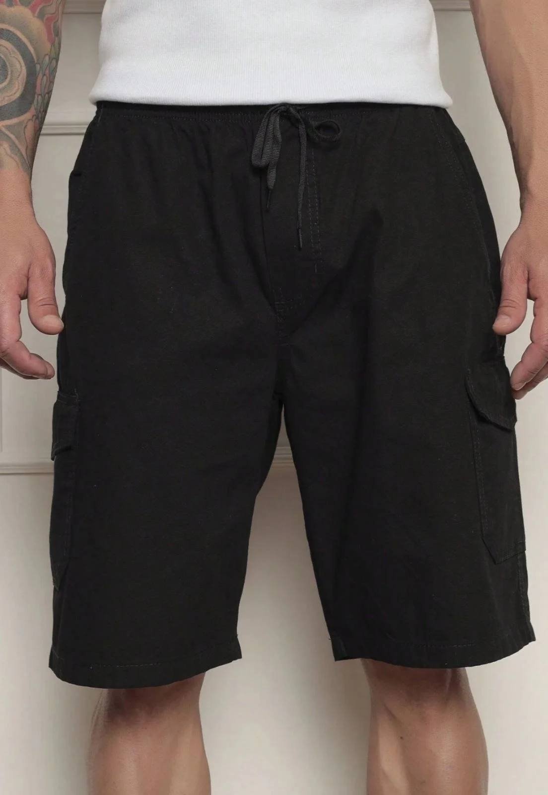 Bermuda Cargo Masculina Avec Sarja Algodão com Cordão Confortável Preto