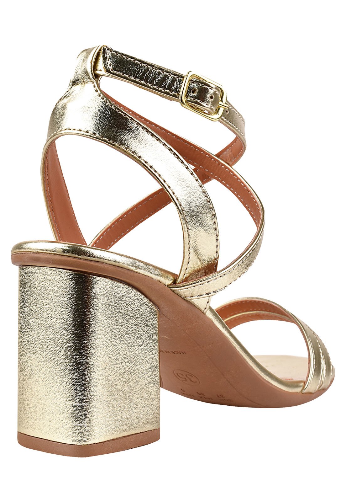 Sandália Salto Grosso Rosa Chic Calçados Feminino Salto Baixo Bloco Bico Quadrado Dourado