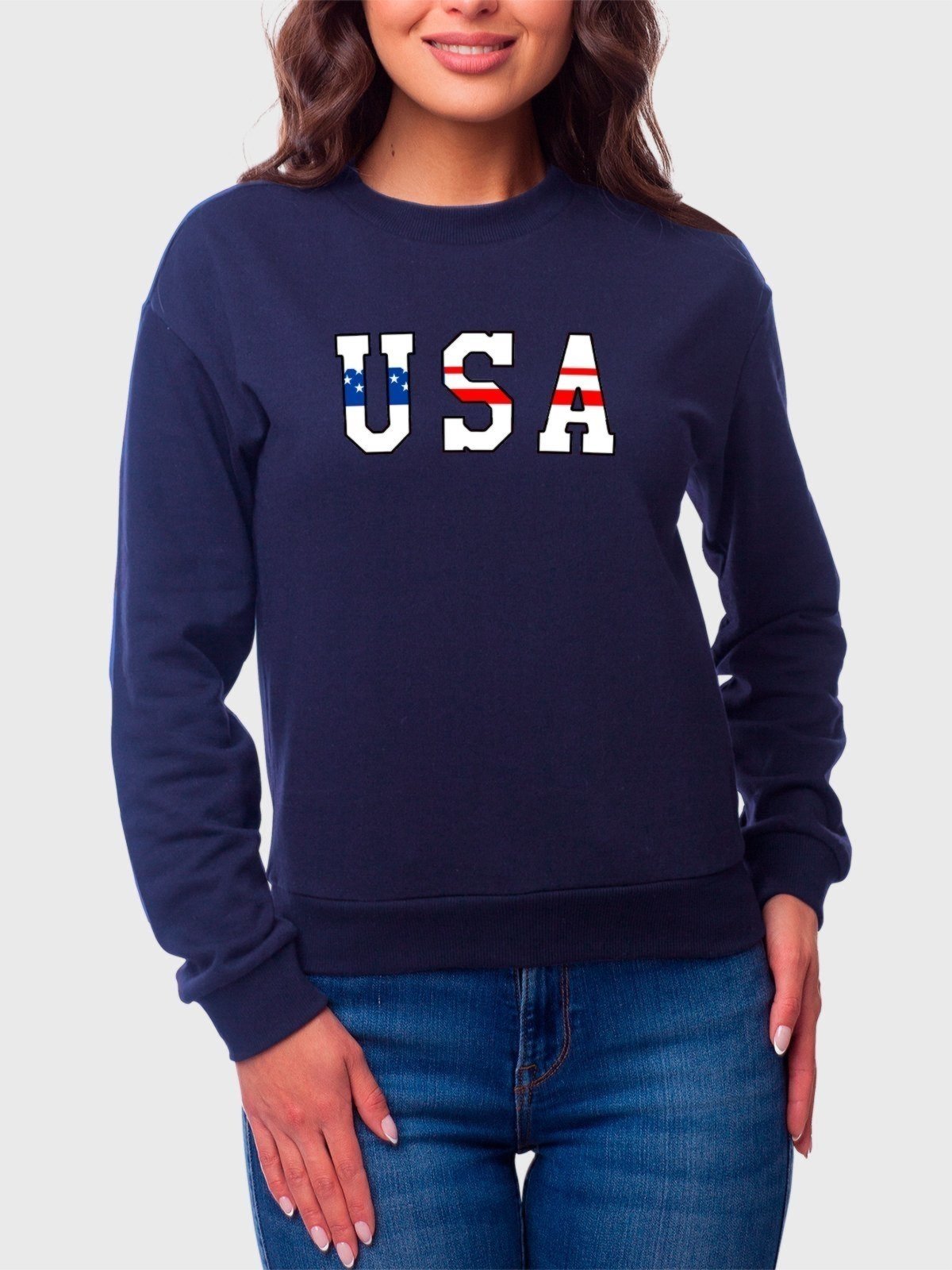 Vista 2 Moletom Gola Redonda Feminino Flanelado Estampa USA Benellys azul marinho Benellys azul marinho