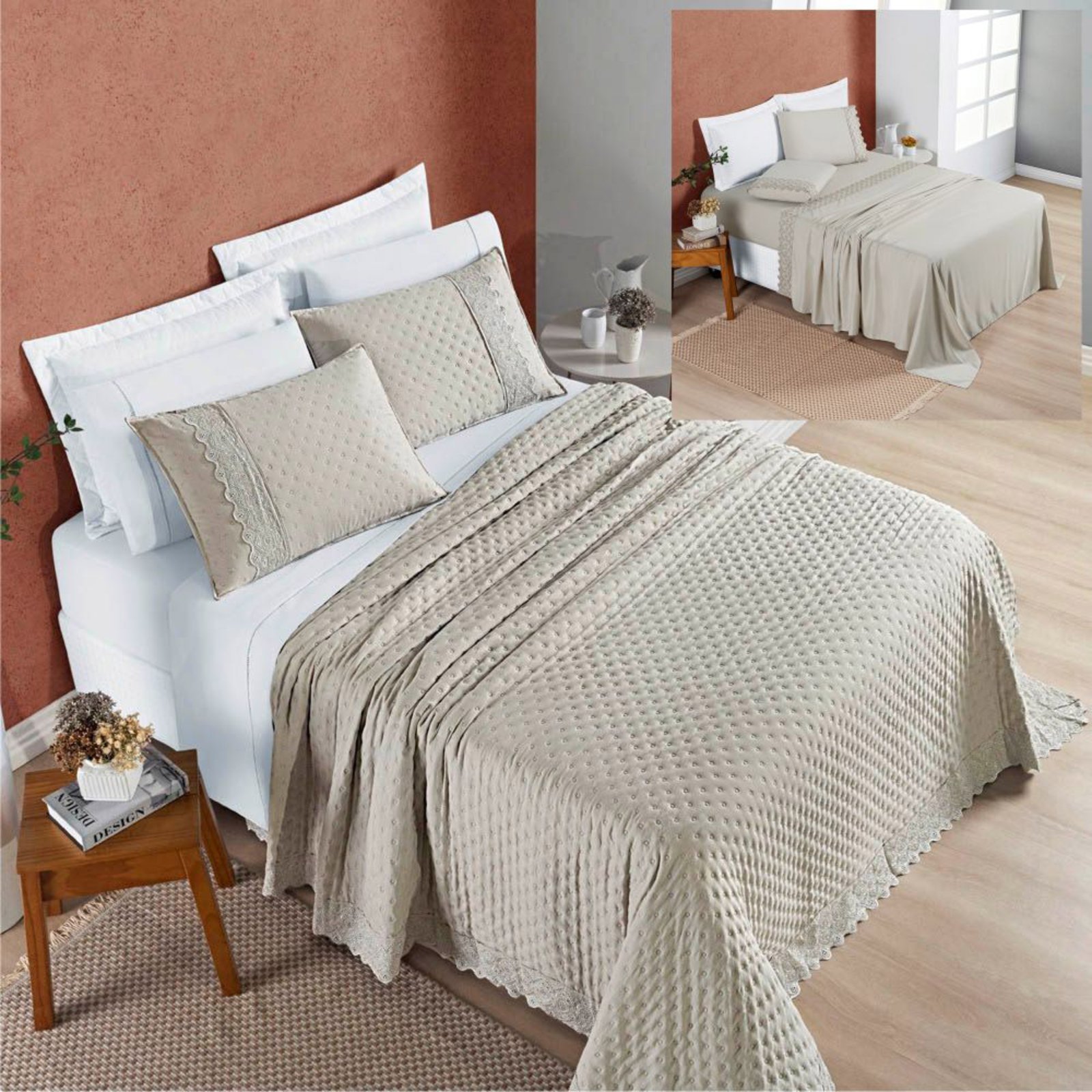 Coordenado Cobre Leito e Lençol Divino King 7 Pçs - Amendoa - 100% Poliéster