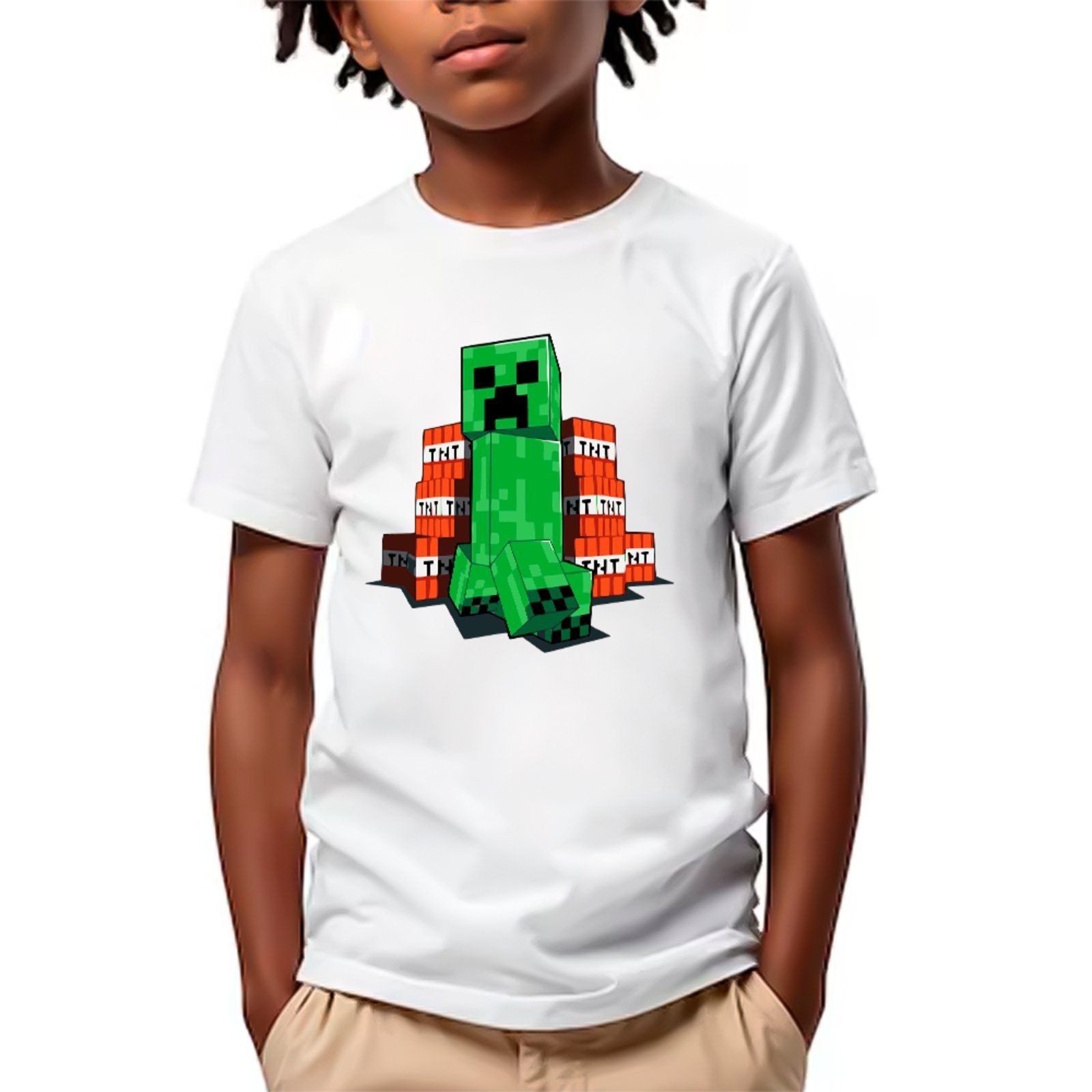 Infantil - Camiseta Minecraft Creeper Estilo Game Explosivo Unissex Branco